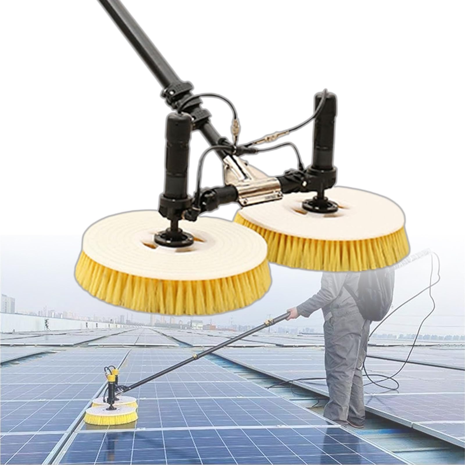 Spazzola per Pulizia Pannelli solari a Doppia Testa, con spruzzo d'Acqua Automatico a Tre Fori, per la Pulizia di Pannelli fotovoltaici e solari,3,5M