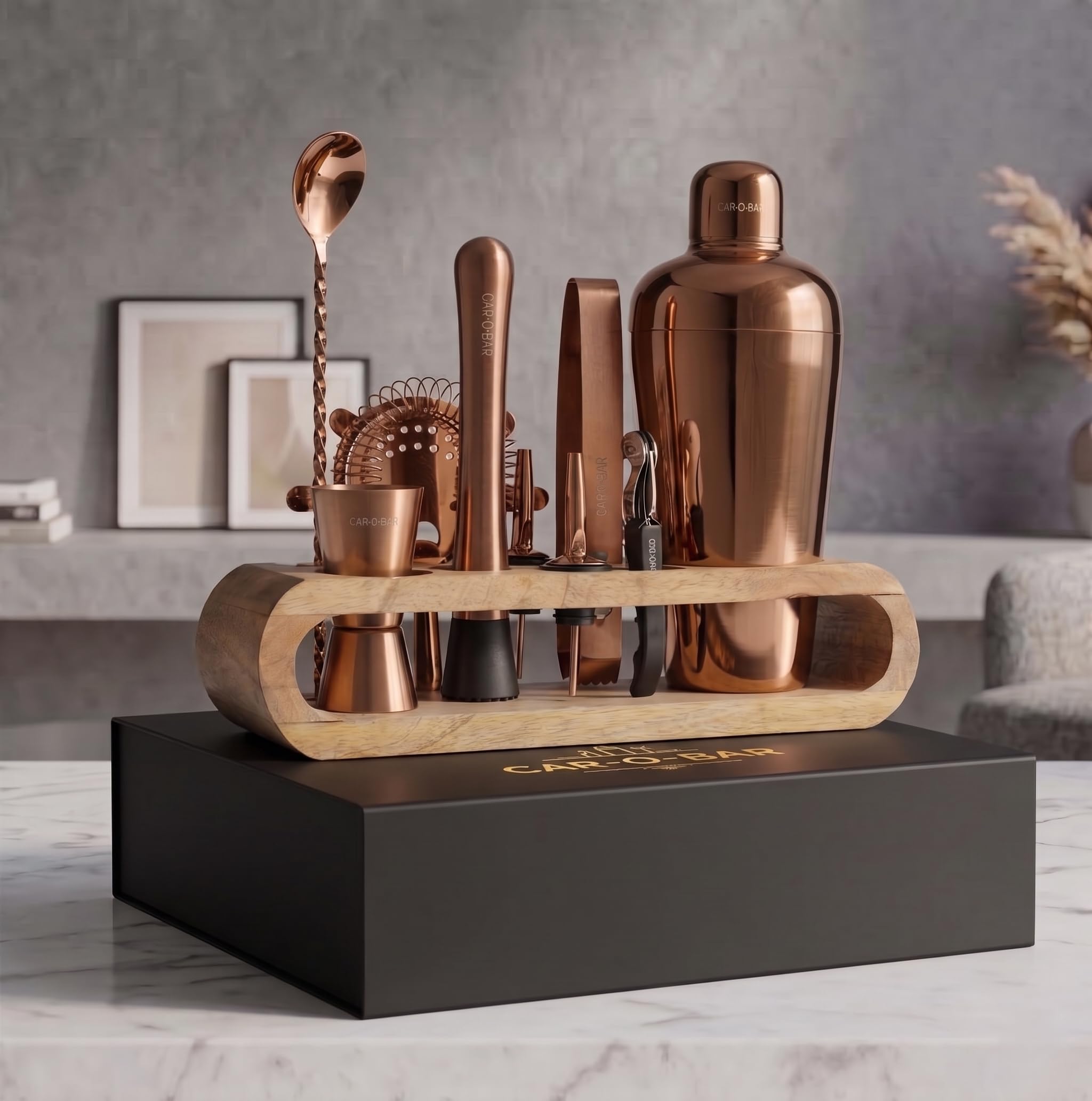 Copper Gold Bar kit | Bar Set for Home - 10 Piece Bartender Kit :Cocktail Shaker, Bar Spoon, Jigger, Muddler, Strainer, Wine & Beer Bottle Opener, 2 Pour Spouts, Tong & Wooden Stand-image-29
