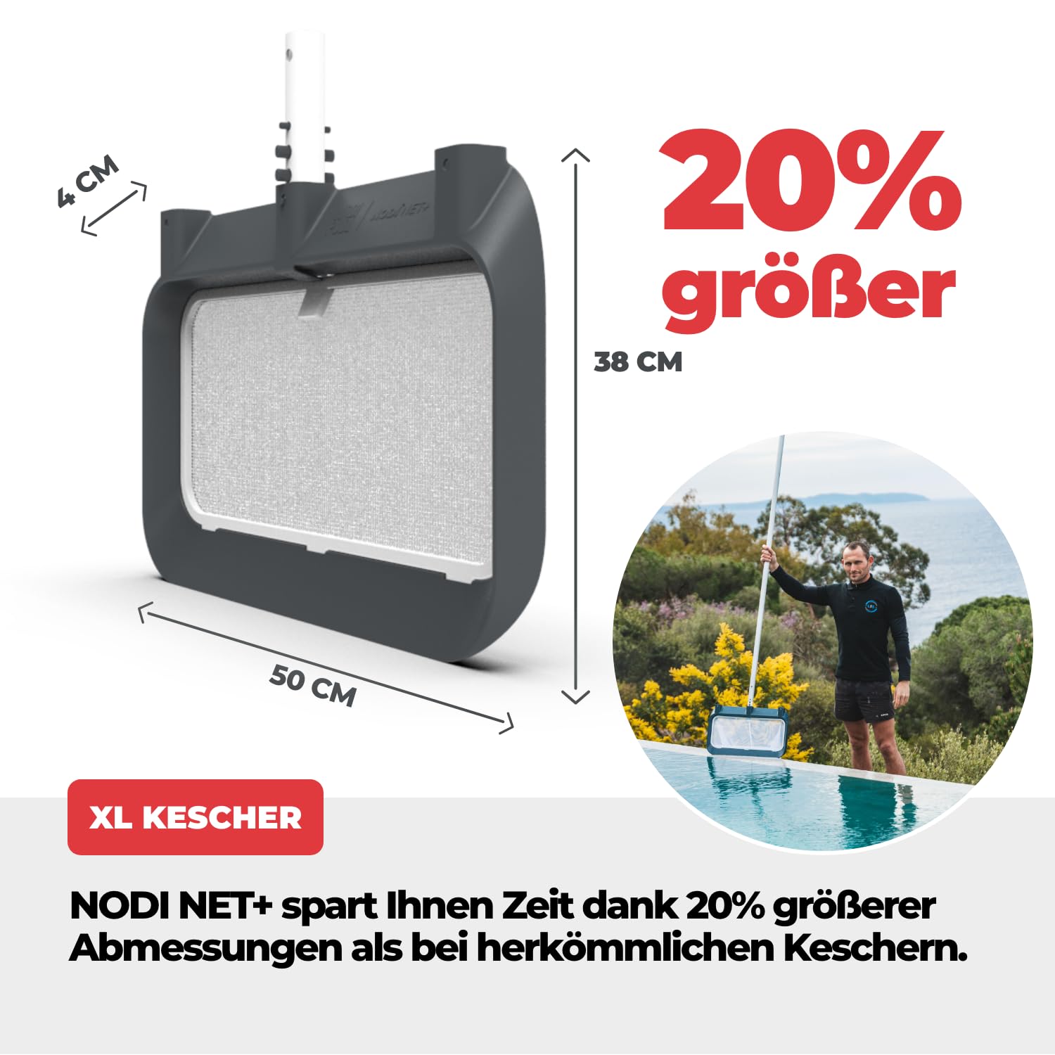 NODI Net+ | Professioneller 3-in-1 Poolkescher | Poolboden, Oberfläche & Unterflur-Rollladenkasten | Belastbarkeit 32 kg | Austauschbares Netz | Nachhaltig & Wirtschaftlich