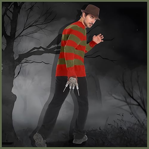 Miniatura 7 de Suéter de punto a rayas rojas y verdes de terror para hombre con sombrero marrón retro guantes para Halloween juego de rol