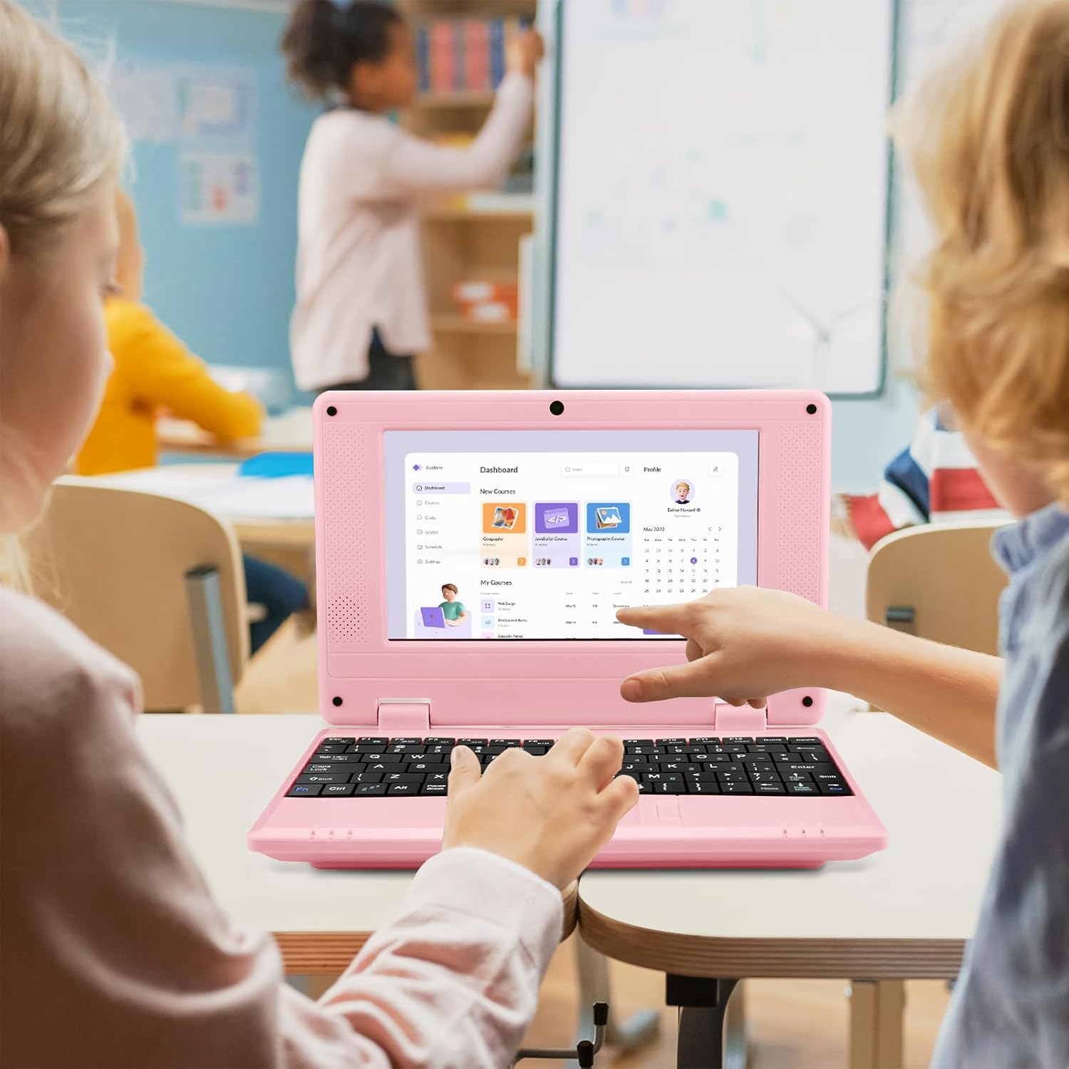 7" Portable Small Laptop, Android 12.0 OS with 2GB RAM 32GB ROM,Processor A133P Type-C 5V 2A Mini Laptop Notebook for Kids (Pink)