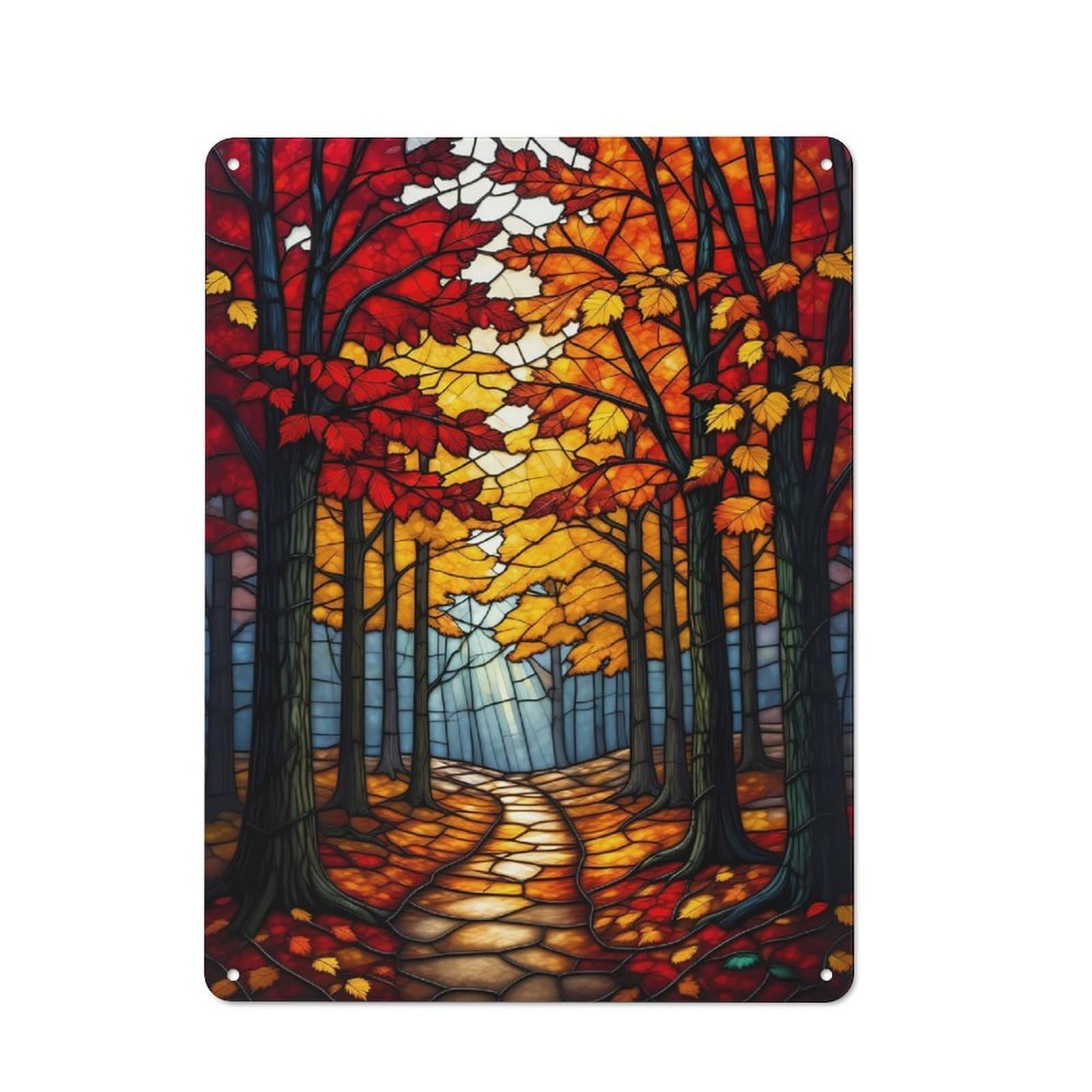 Junmoney Style-9 Stained Glass Autumn Forest Path Rustic Metal Sign 40X30cm For Garden Room Or Summerhouse, For Summerhouse Decorators