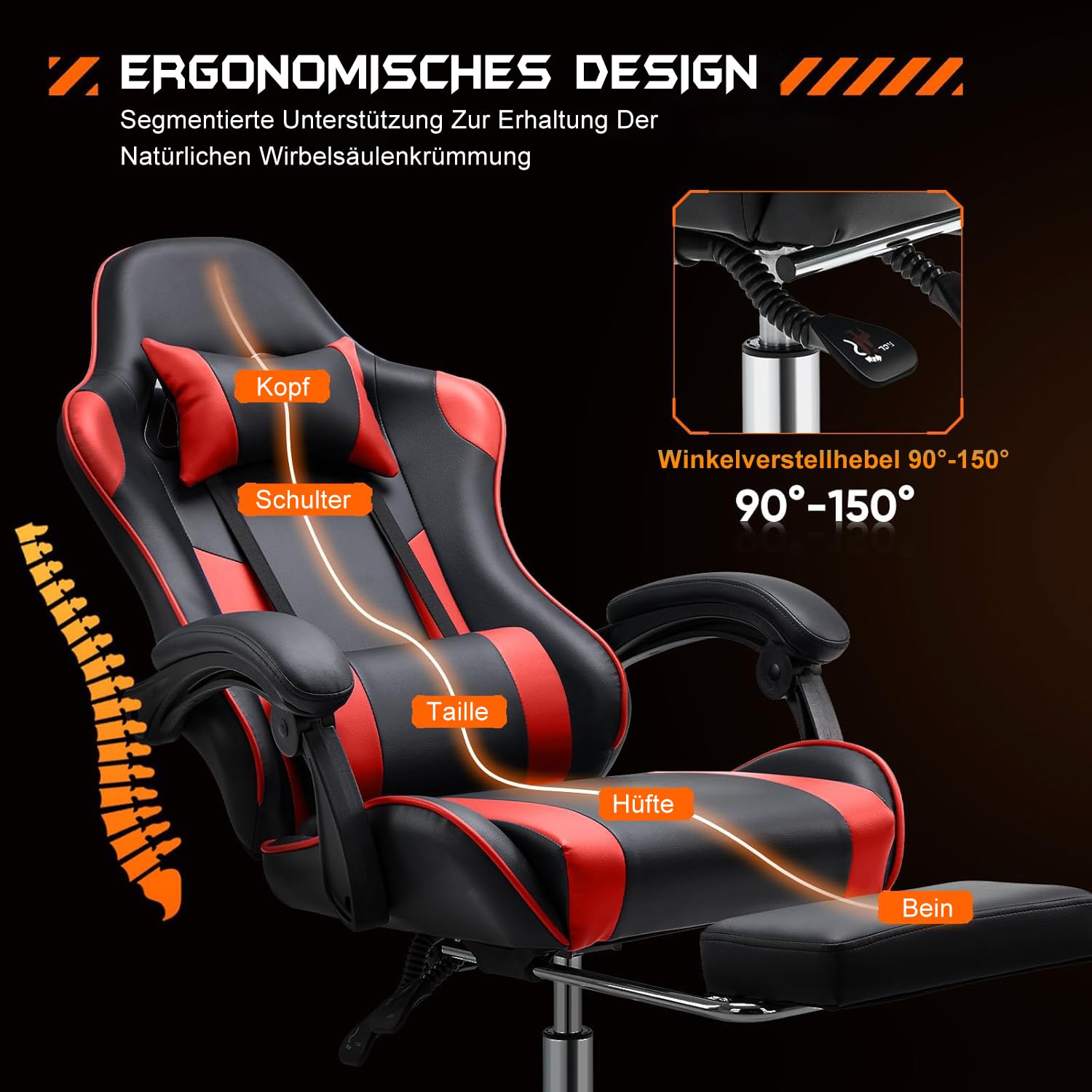 DUMOS Sedia da gaming, ergonomica, con poggiapiedi, in policarbonato, traspirante, con cuscino lombare regolabile, cuscino e braccioli, portata 150 kg