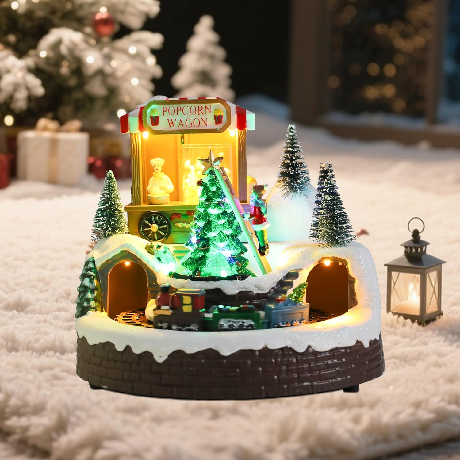 WONDER GARDEN Christmas Village Houses Popcorn Wagon House Village with Music and Led Lights Christmas Collectible Buildings for Home Indoor Decor or Gift