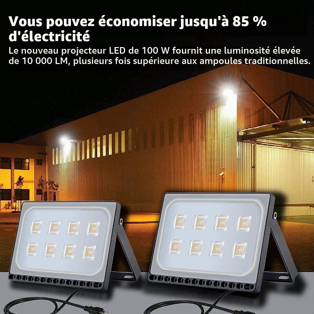papasbox Projecteur LED avec prise 10 W 20 W 30 W 50 W 100 W extérieur imperméable IP65, Aluminium + PC., blanc chaud, 100W
