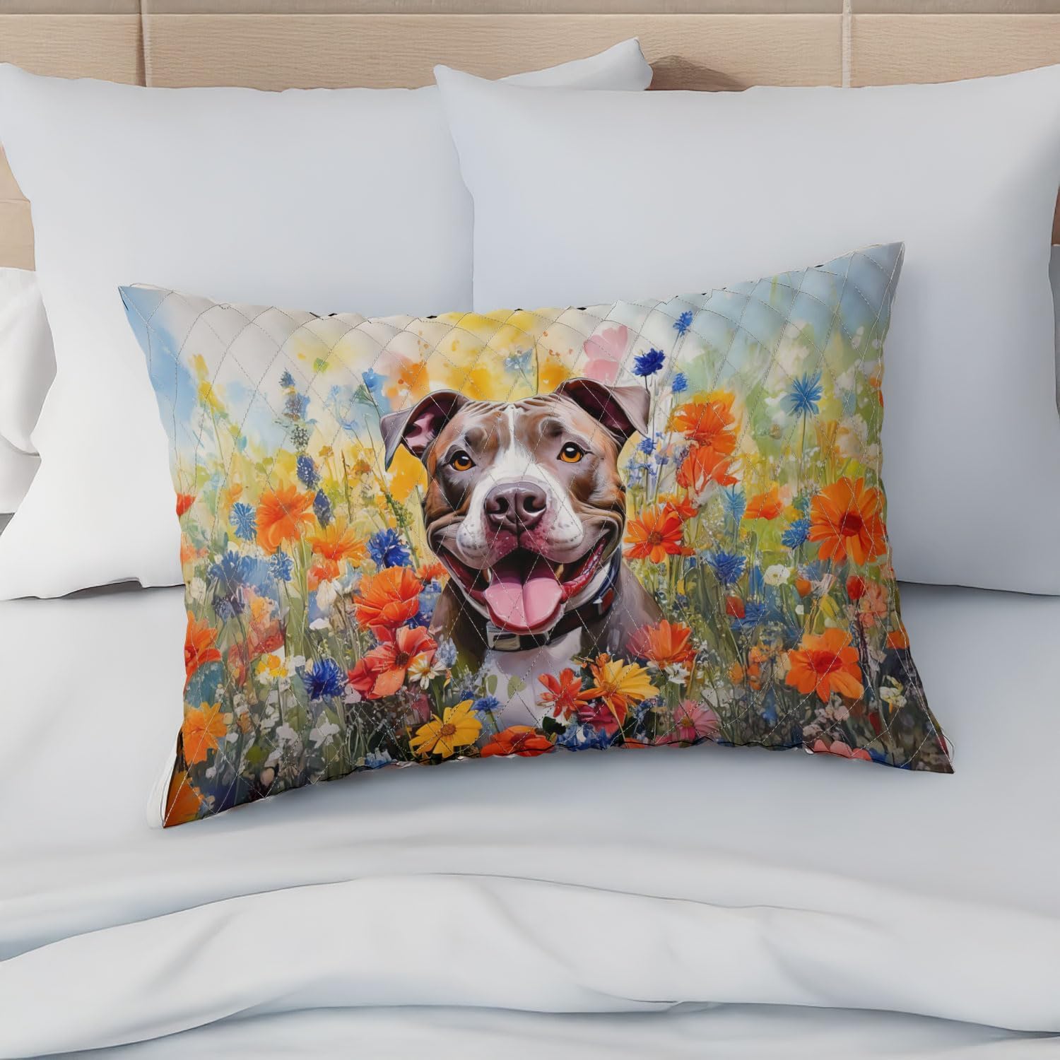 Welcome Spring Summer Pitbull Portrait Flower Blue Sky Quilt Pillowcase Terrier Dog Lover Throw Pillow Cover Bed Home Decor 12001