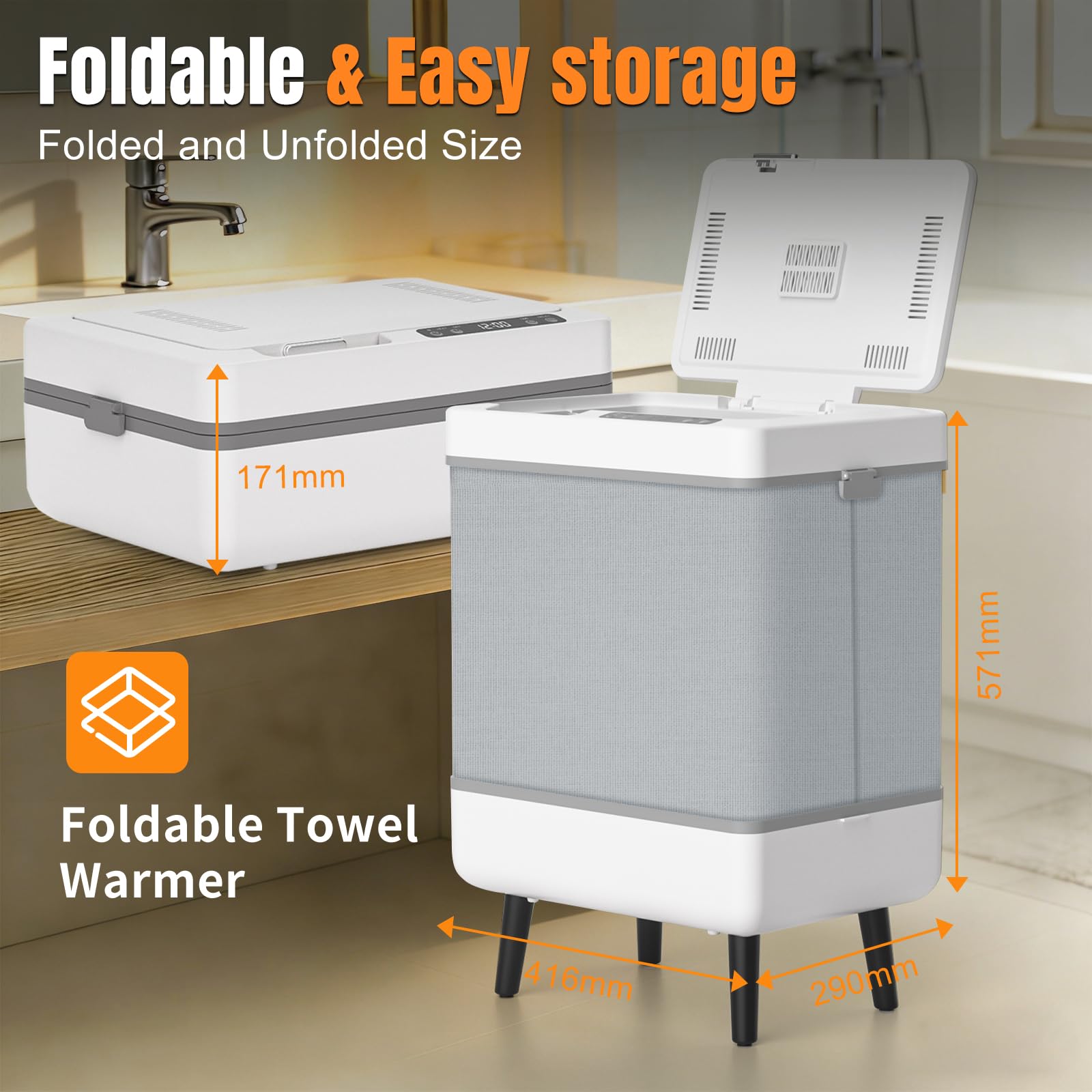 Scaldasalviette Elettrico 35L con Timer, Scalda Asciugamani a Grande capacità e Pieghevole, Secchiello Verticale per Asciugatura Asciugamani con Funzione di Prenotazione