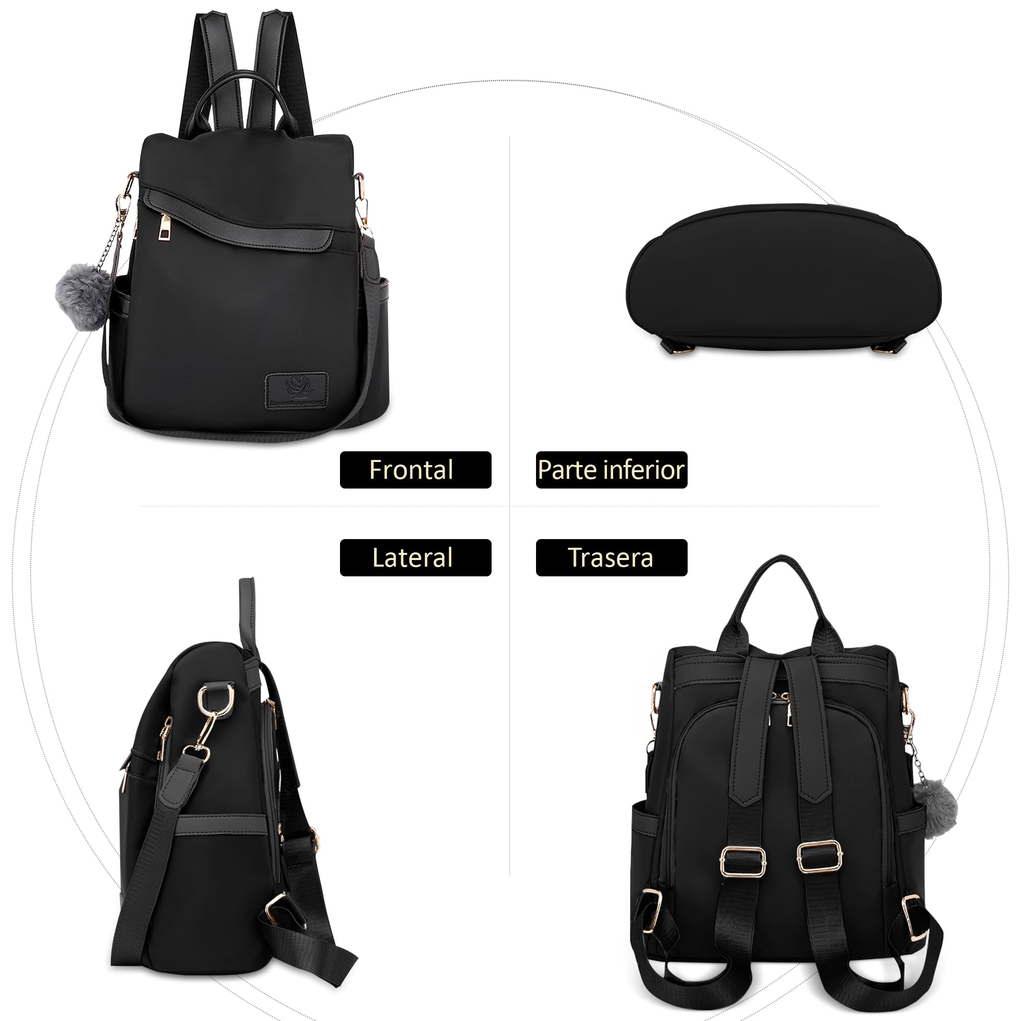 Mochila Mujer Casual Mochila Antirrobo Mujer Bolso Mochila Pequeña Mujer Bolso de Mano Bandoleras Señoras Elegante Bolsos 3 en 1 Impermeable PU Cuero Negro A