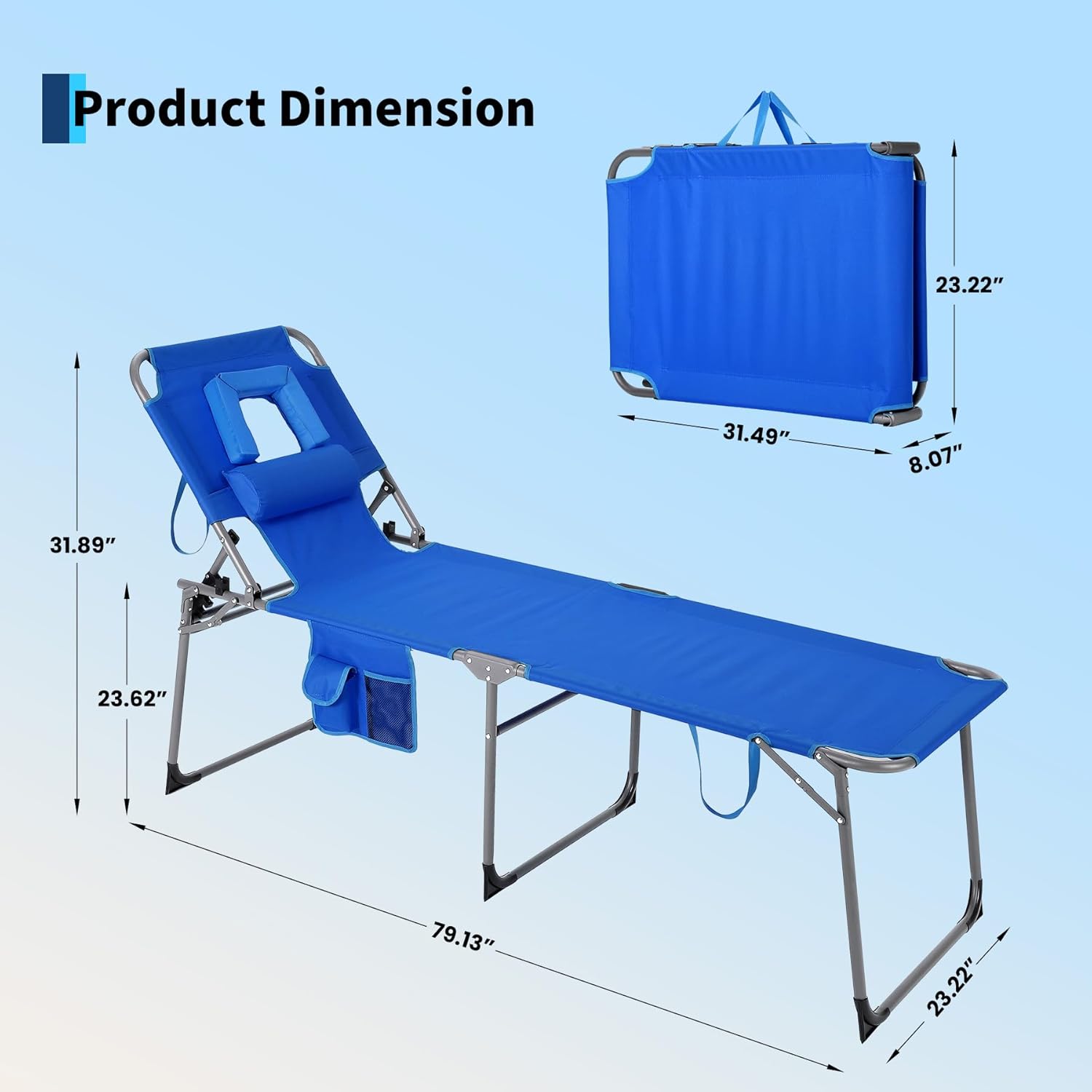 Tanning Chair with Face Hole Folding Beach Lounge Chair,5-Position Adjustable Backrest, Pillow & Side Pocket,Portable Face Down Chaise Lounge for Outdoor Backyard Poolside,Beach, Patio,Blue