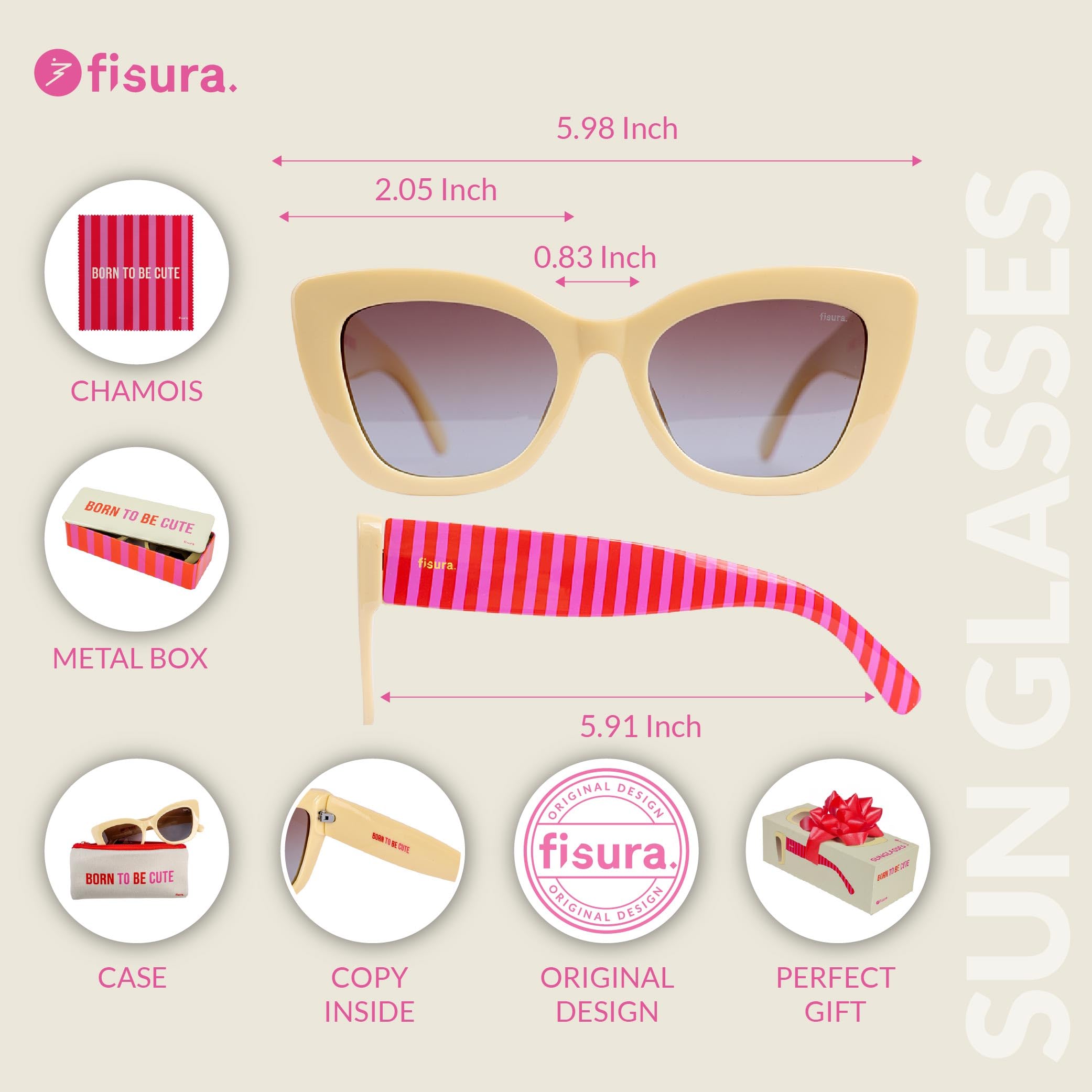 Fisura – Oryginalne damskie okulary przeciwsłoneczne "born to be cute”. Polaryzacyjne okulary dla kobiet z etui ochronnym, ściereczką do czyszczenia i metalowym pudełkiem na przechowywanie.