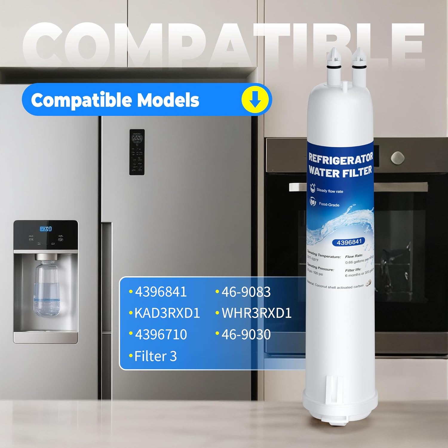 4396841 Water Filter Compatible with EDR3RXD1,Filter 3,WHR3RXD1,KAD3RXD1,4396841,Kenmore 46-9083 water filter,Park of 3,By YPMQY