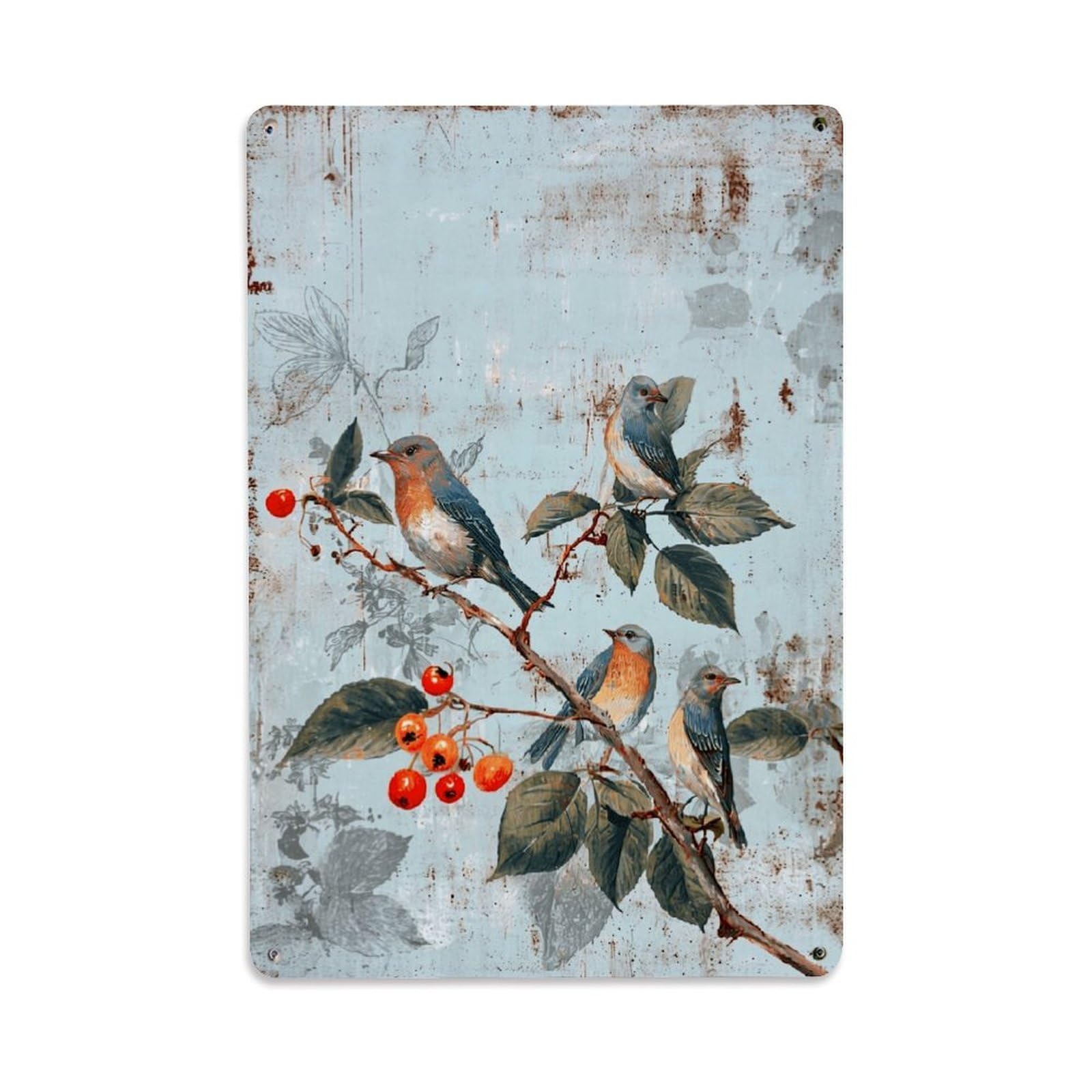 Nestemfo Vintage Birds On Berry Branches Tin Sign Metal Sign, Living Room,Bar, Home, Bedroom Wall Decor,Retro Metal Poster 8X12 Inches