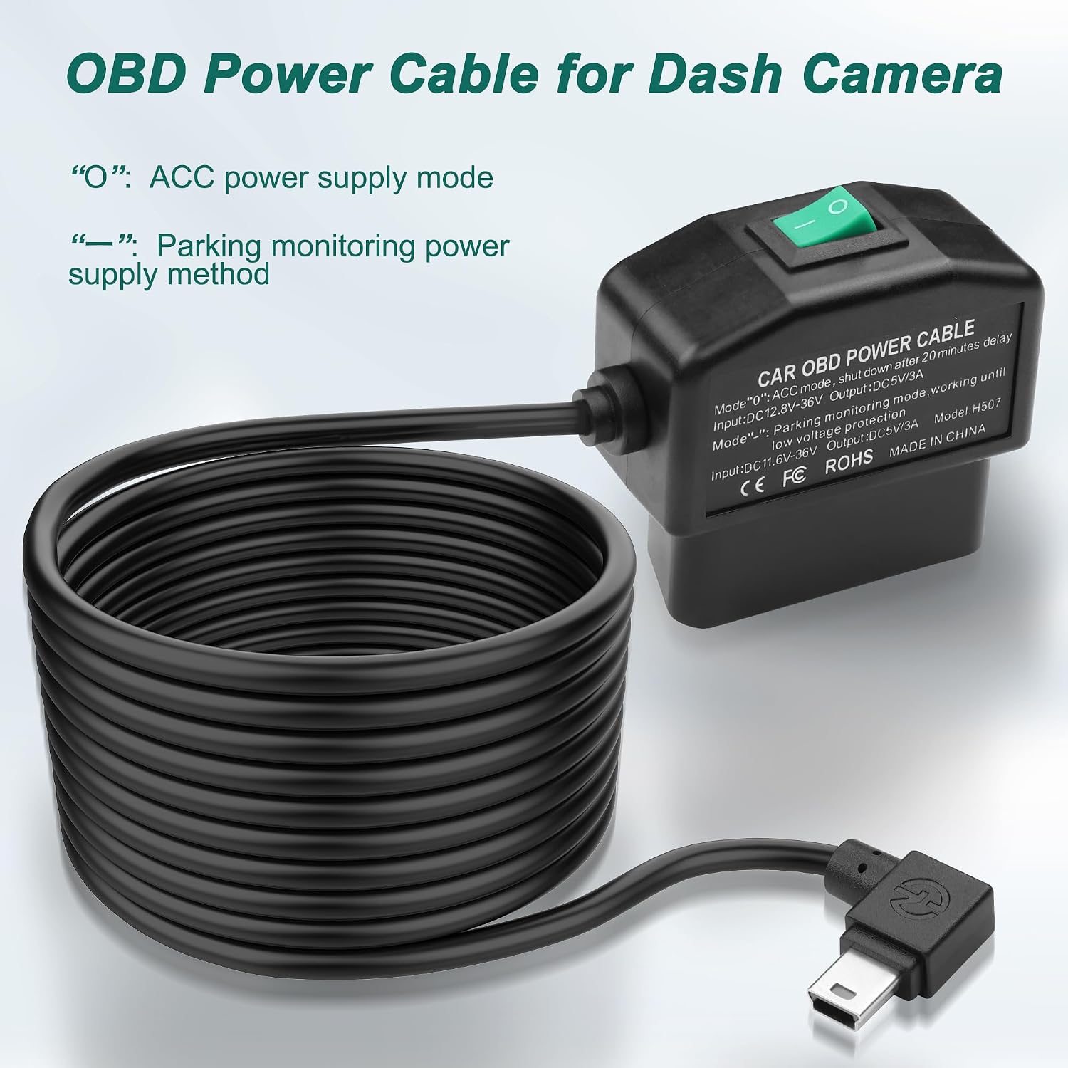 MEIRIYFA OBD OBD2 Power Cable for Dash Camera OBD to Mini USB Right Angle Hardwire Charger 90° Degree Wire Cord,12V-24V to 5V 3A 24 Hours Surveillance/Acc Mode with Switch Button (Mini USB)