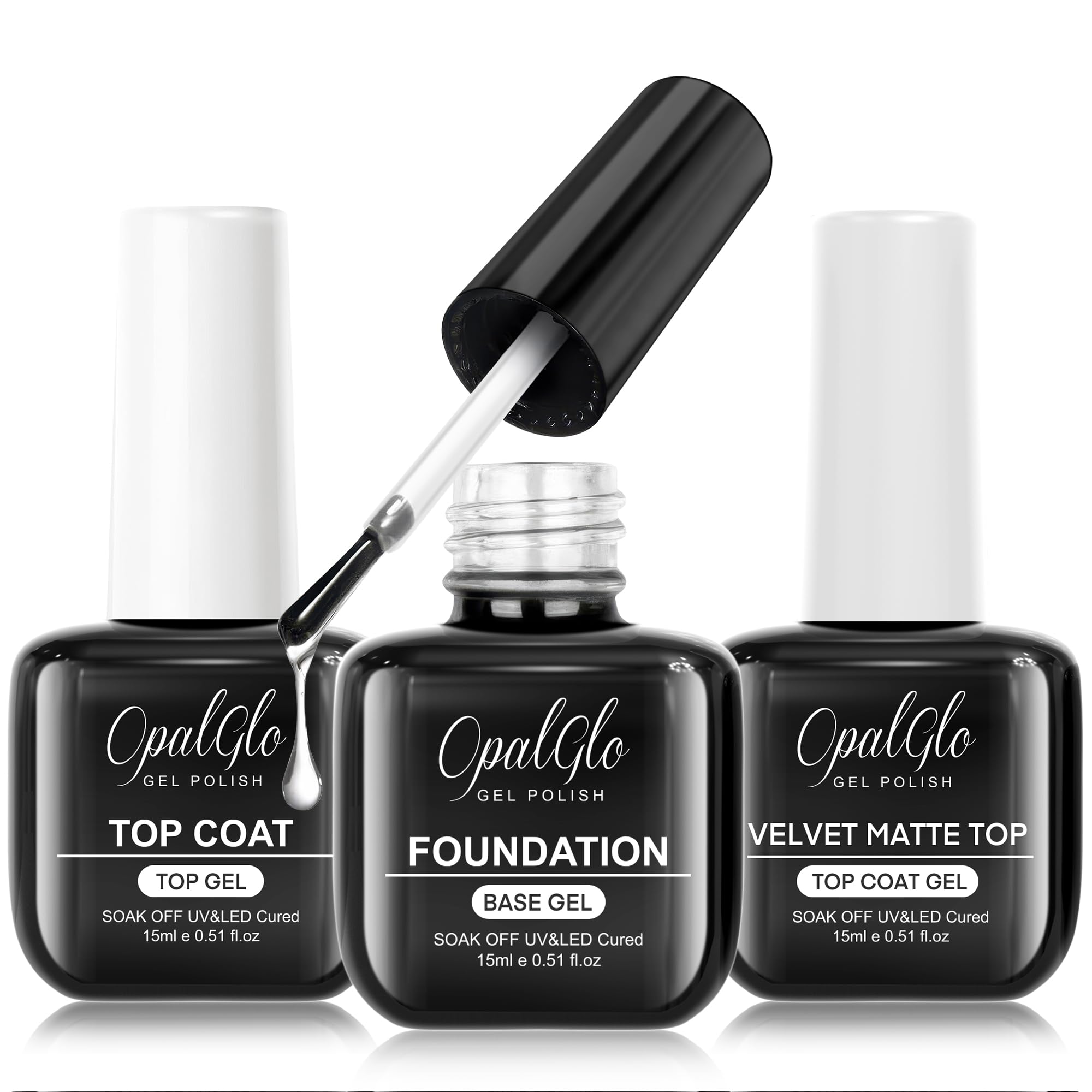 OpalGlo 3pcs 15ml Base Coat, No Wipe Top Coat, Velvet Matte Top Coat Gel Polish Kit, 0.51 fl oz Each, Soak-Off UV/LED Cured