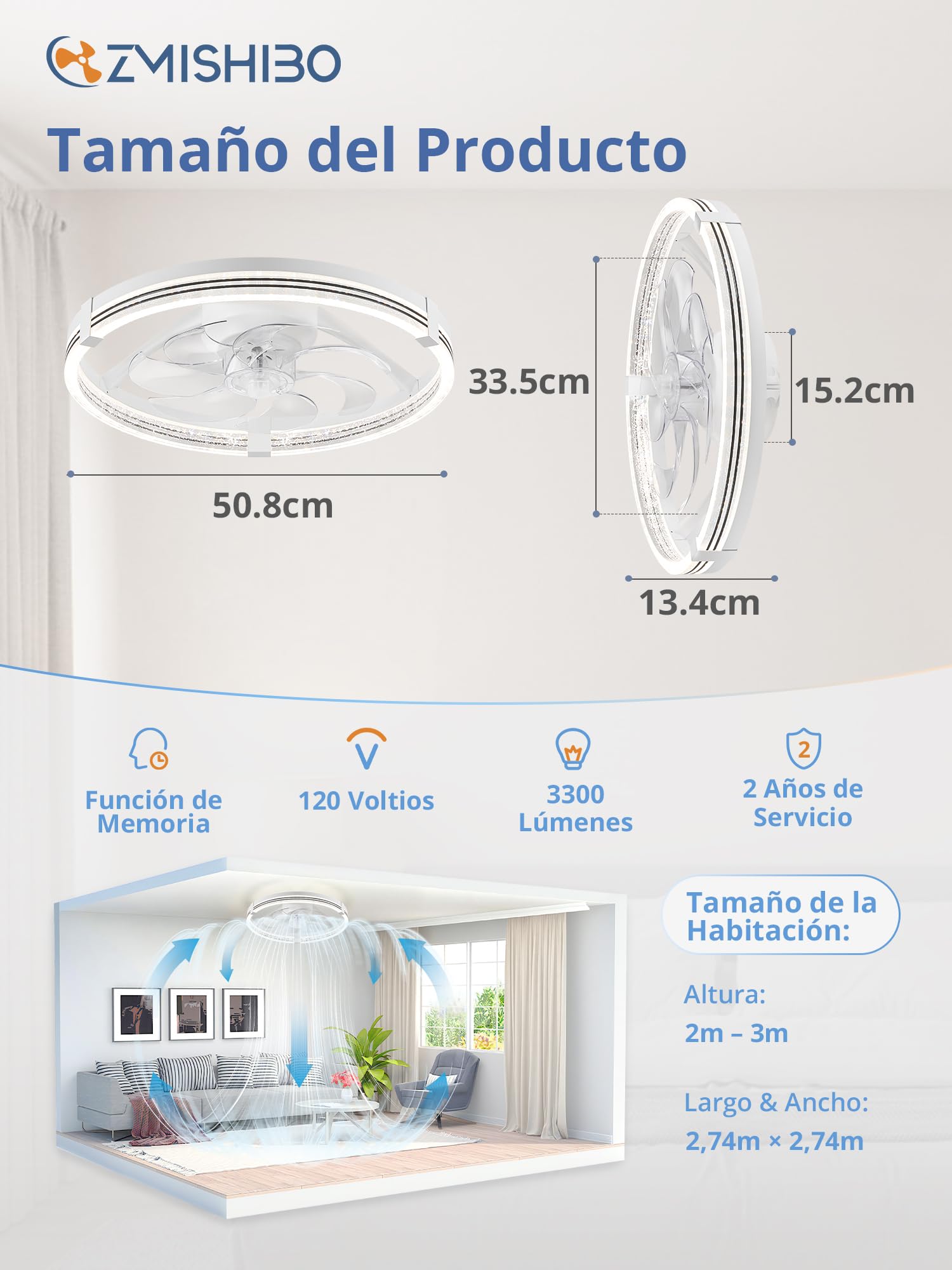 ZMISHIBO Ventilador Techo Silencioso 51cm, Luz LED Regulable 3000K-7000K, Motor DC, 6 Velocidades Reversible, APP y Control Remoto con Temporizador, Dormitorio y Salón - Blanco