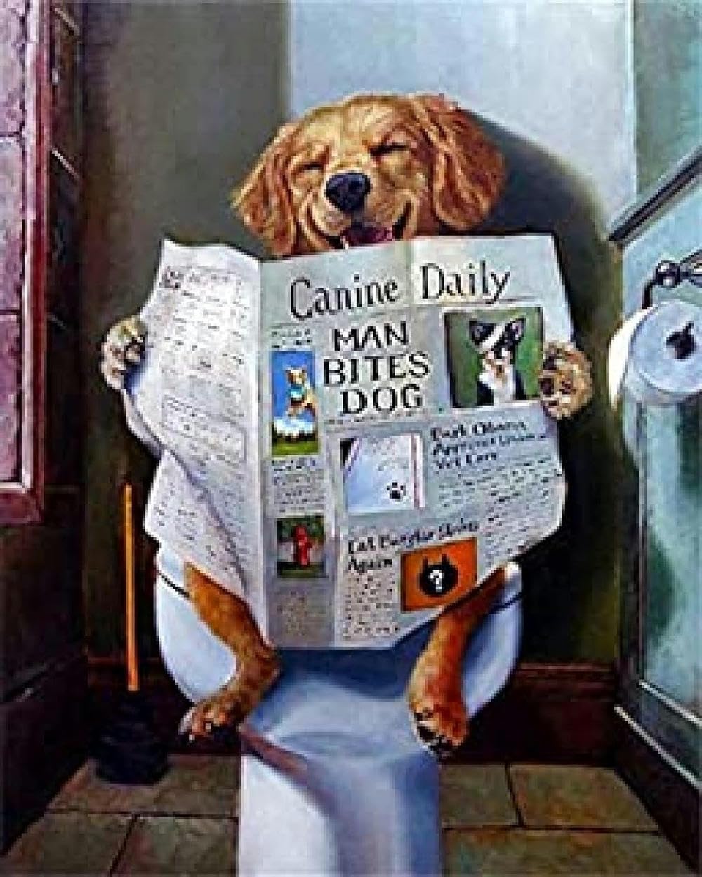 Embroidery Cross Stitch Kit Cute Dog Reading Newspaper in The Toilet - 40x50cm11CT Popular Pattern Printing Cross Stitch Kit, DIY Advanced Beginner Embroidery Kit Handmade Home Decoration