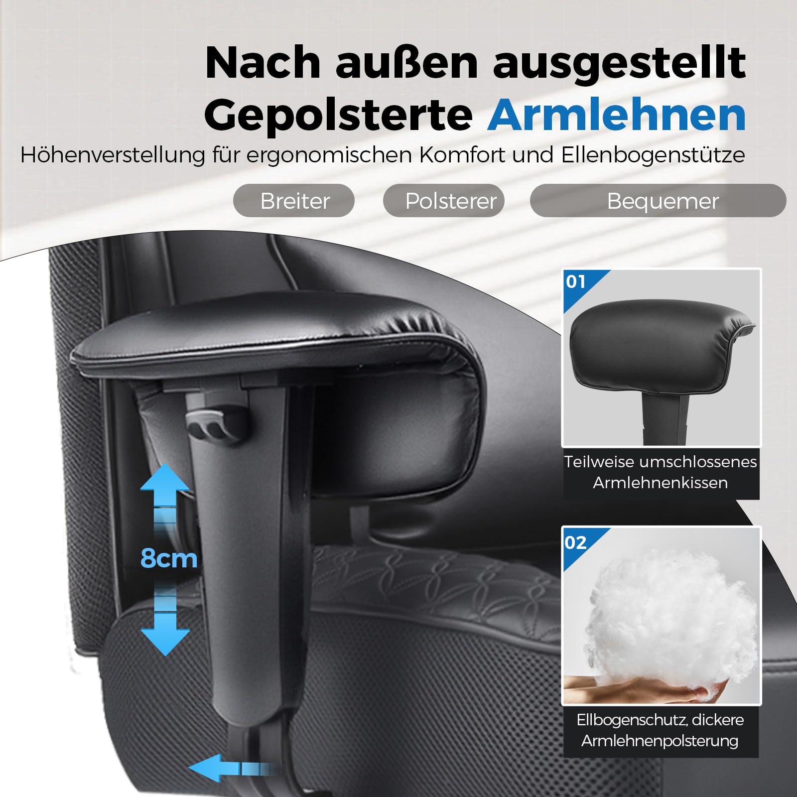 GTPLAYER Gaming Stuhl, Bürostuhl mit Fußstütze Chefsessel Schreibtischstuhl mit Taschenfeder-Kissen Ergonomischer bis 200kg, PU-Leder Höhenverstellbar Home Office Gaming Sessel, Schwarz