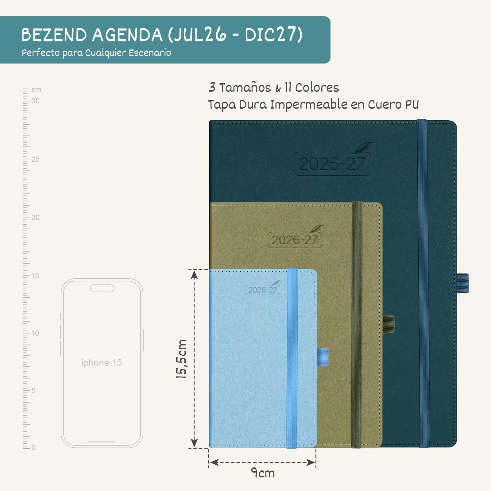 BEZEND Agenda 2026 2027 Semana Vista Pequeña 9 x 15,5 cm, 18 Meses Agenda Escolar de Bolsillo de Jul.26 a Dic.27, A6 Planificador Semanal con Tapa Dura Cuero PU - Negro