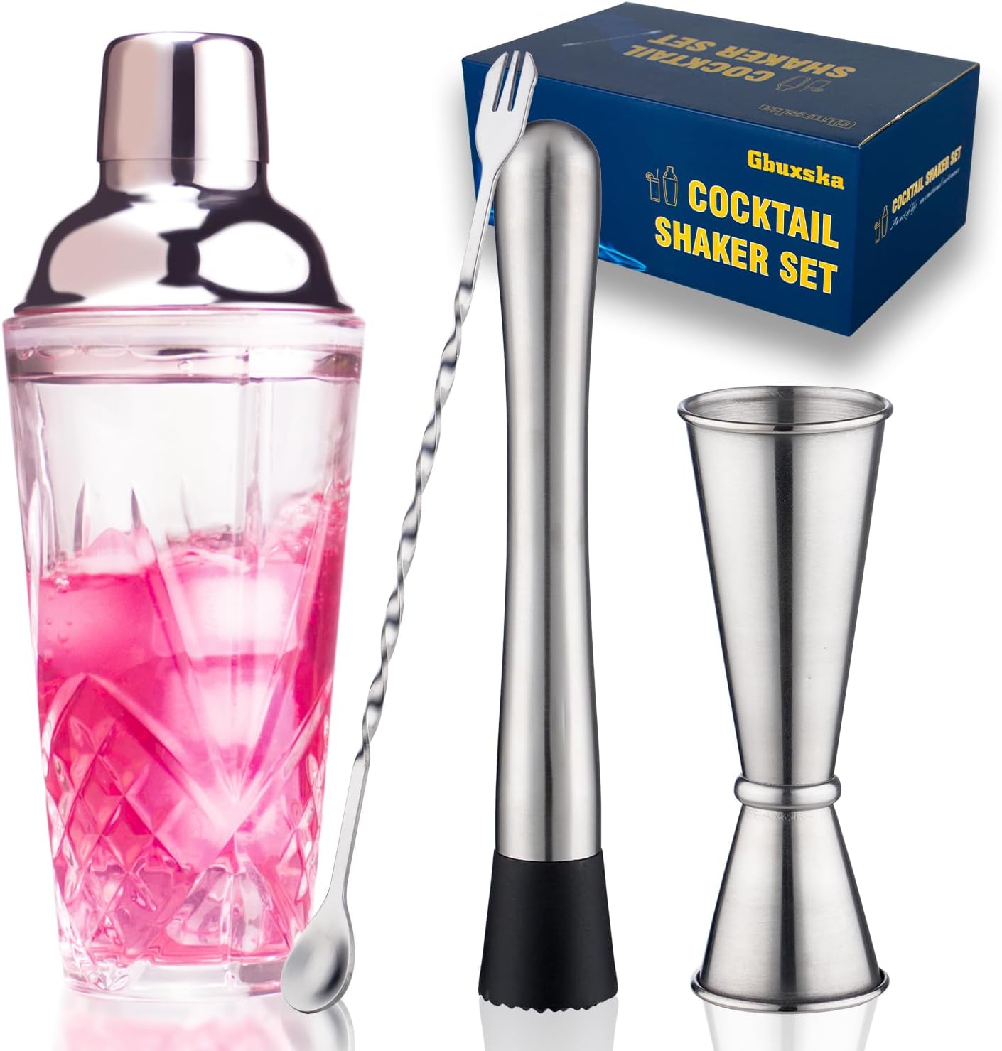 Cocktail Shaker Set - Glass Mixed Drink Shakers Cocktail Set, Martini Shaker with Strainer for Bars, Whiskey, Cocktails (Gold Set)