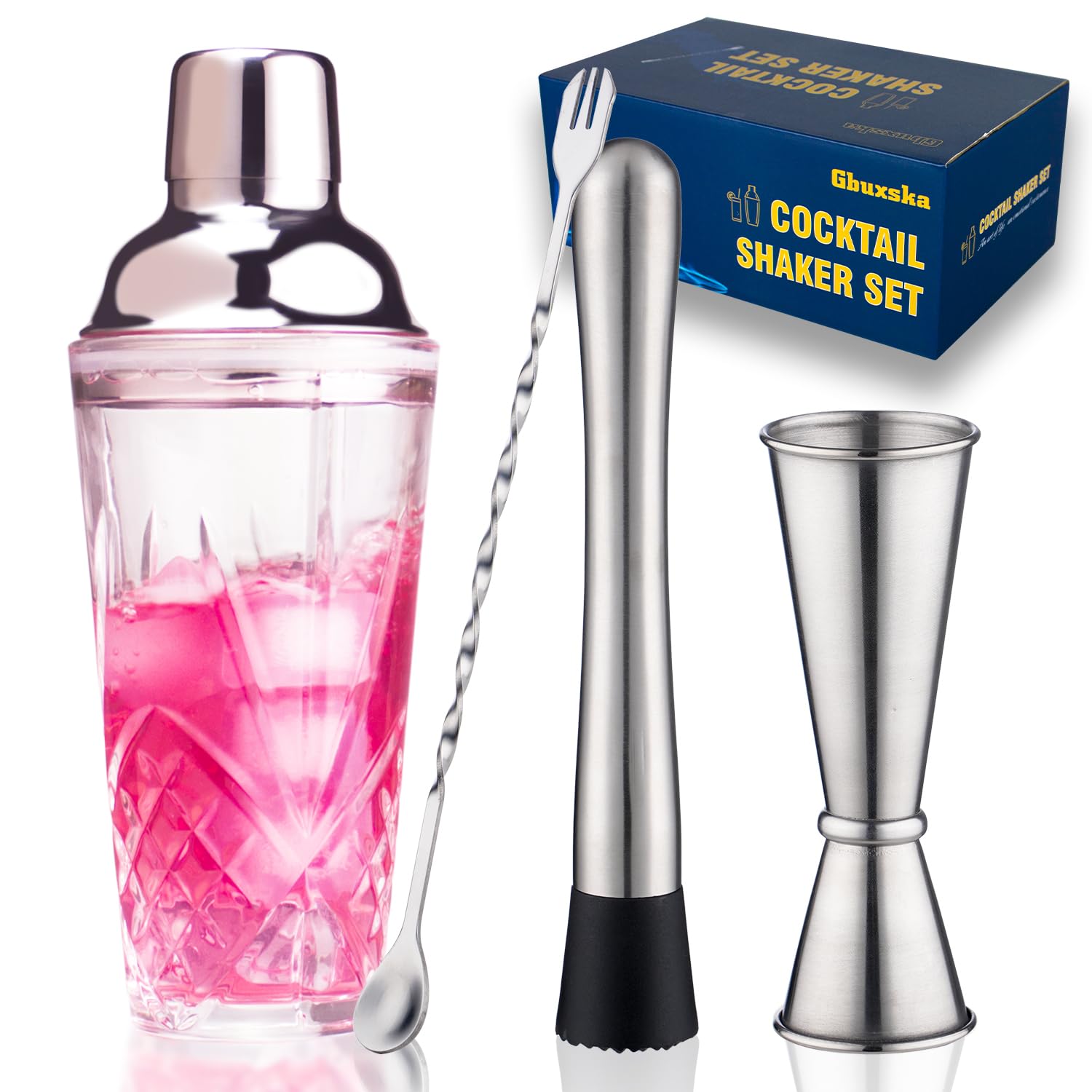 Set di shaker per cocktail, in vetro, set di shaker per cocktail, shaker per Martini con colino, per bar, whisky, cocktail (set argento)