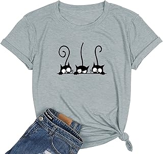 NIUBIA Women's T Shirts Summer Tops Cat Graphic Shirts Casual Thankful Tees | Short Sleeve,Crew Neck,Funny,Loose Fit,Vacation Blouses