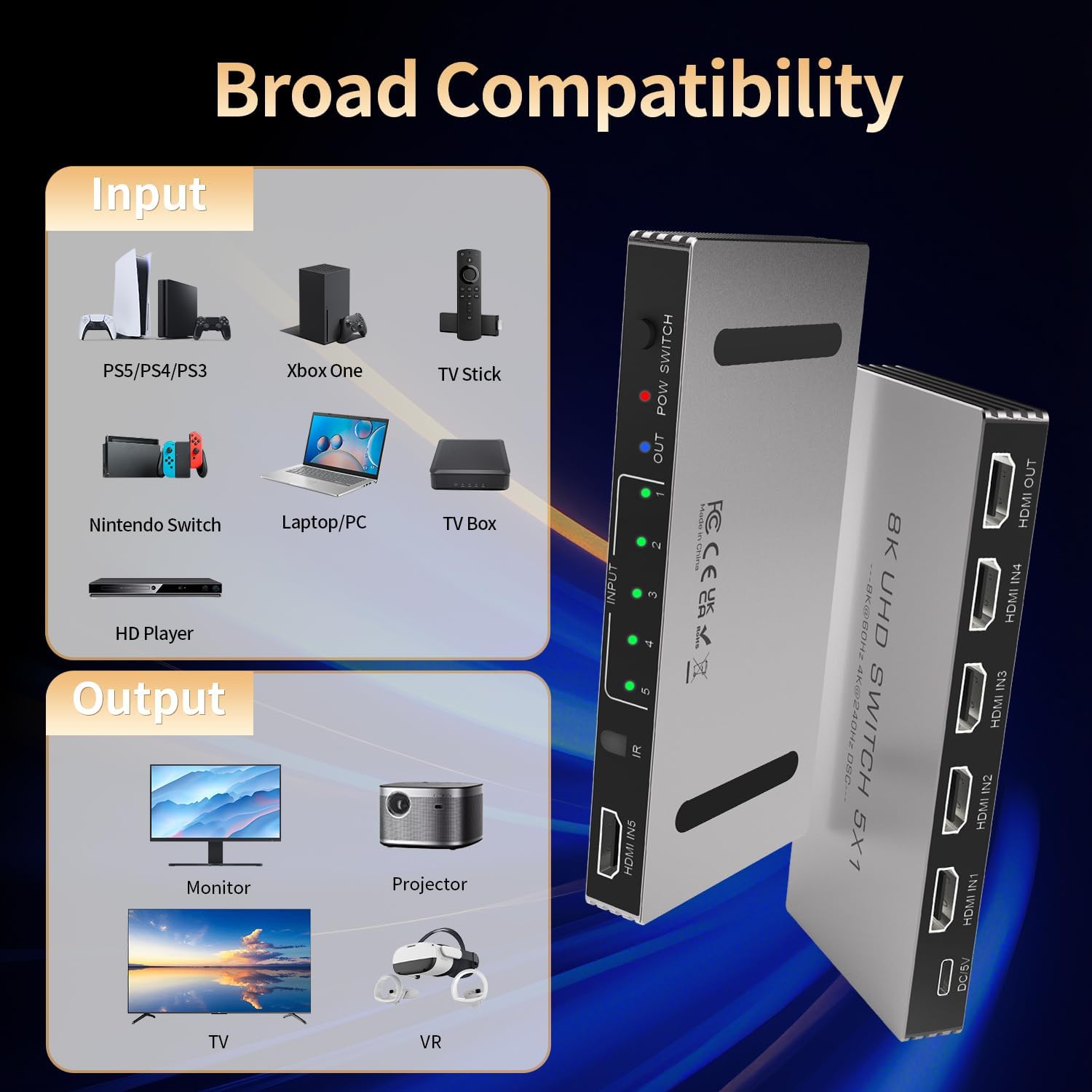 HDMI Switch 5 in 1 Out 8K@60Hz 4K@240Hz HDMI 2.1 Switcher Splitter Support HDR10+ HDCP 2.3 CEC with Power Adapter Compatible with PS5/4 Xbox Nintendo Switch Roku Apple TV Fire Stick - Image 7