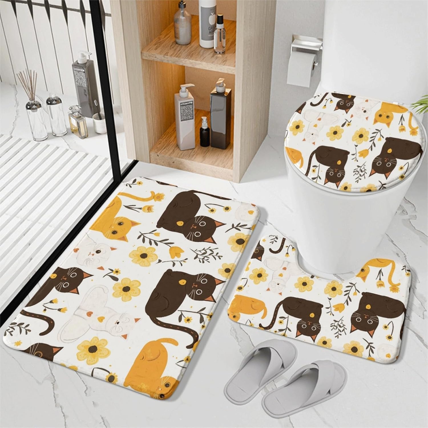 Set di tappetini da Bagno 3 Pezzi Giallo Marrone Gatto Antiscivolo per Bagno Tappeto Lavabile in Memory Foam Tappeto copriwater tappetini a Forma di U 50x80 cm