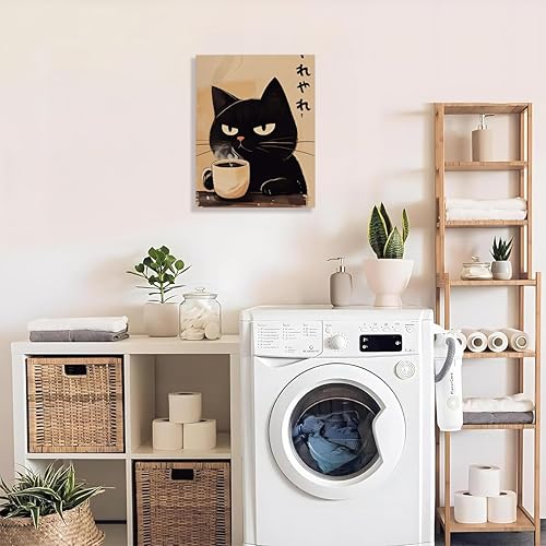 Miniatura 5 de Divertido arte de pared enmarcado con gato, imagen abstracta para beber café, lindo gato retro, decoración de pared, póster de lienzo adecuado para