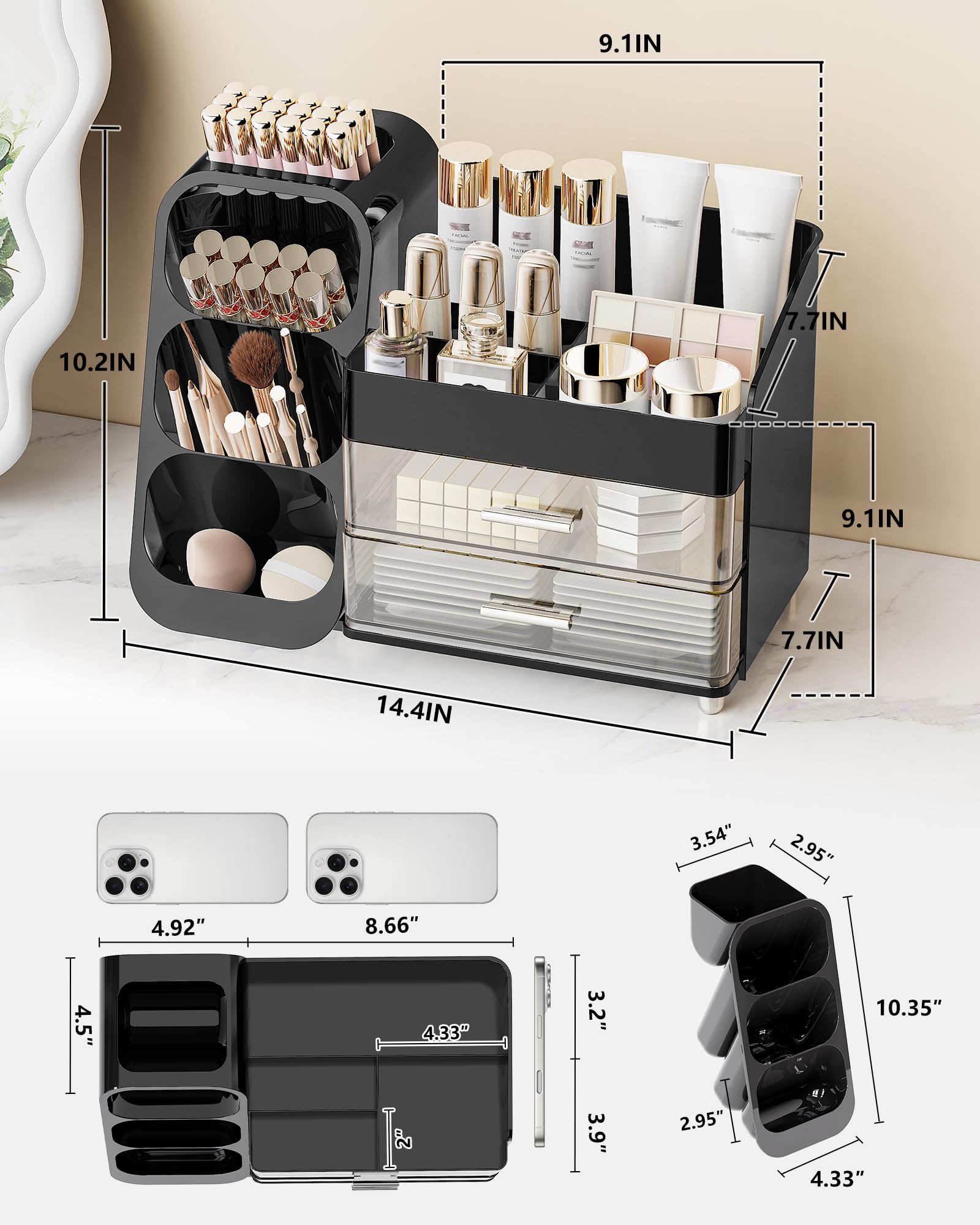 Anylady Makeup Organizer with Drawers, Skincare Organizer (Large Size Thick), Storage Box Cosmetic Display Cases, Make up Organizers for Vanity, Dresser, Desk, Kitchen, Countertop (black): Black