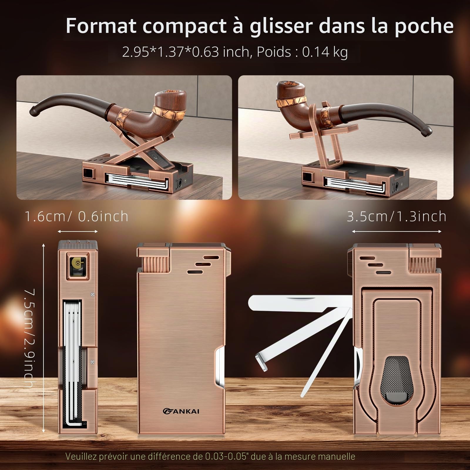 Briquet à pipe avec support de tuyau, outils de nettoyage 3 en 1, briquet rechargeable au butane à flamme douce inclinée, briquet à pipe à fumée, cadeau de fête du