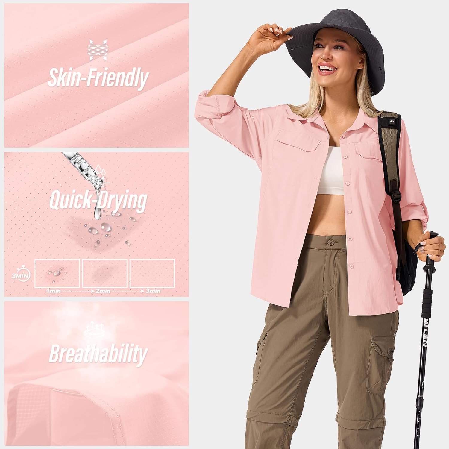 Womens Sun Protection Safari Shirts UPF 50+ UV Long Sleeve Outdoor Cool Quick Dry Fishing Hiking Shirts