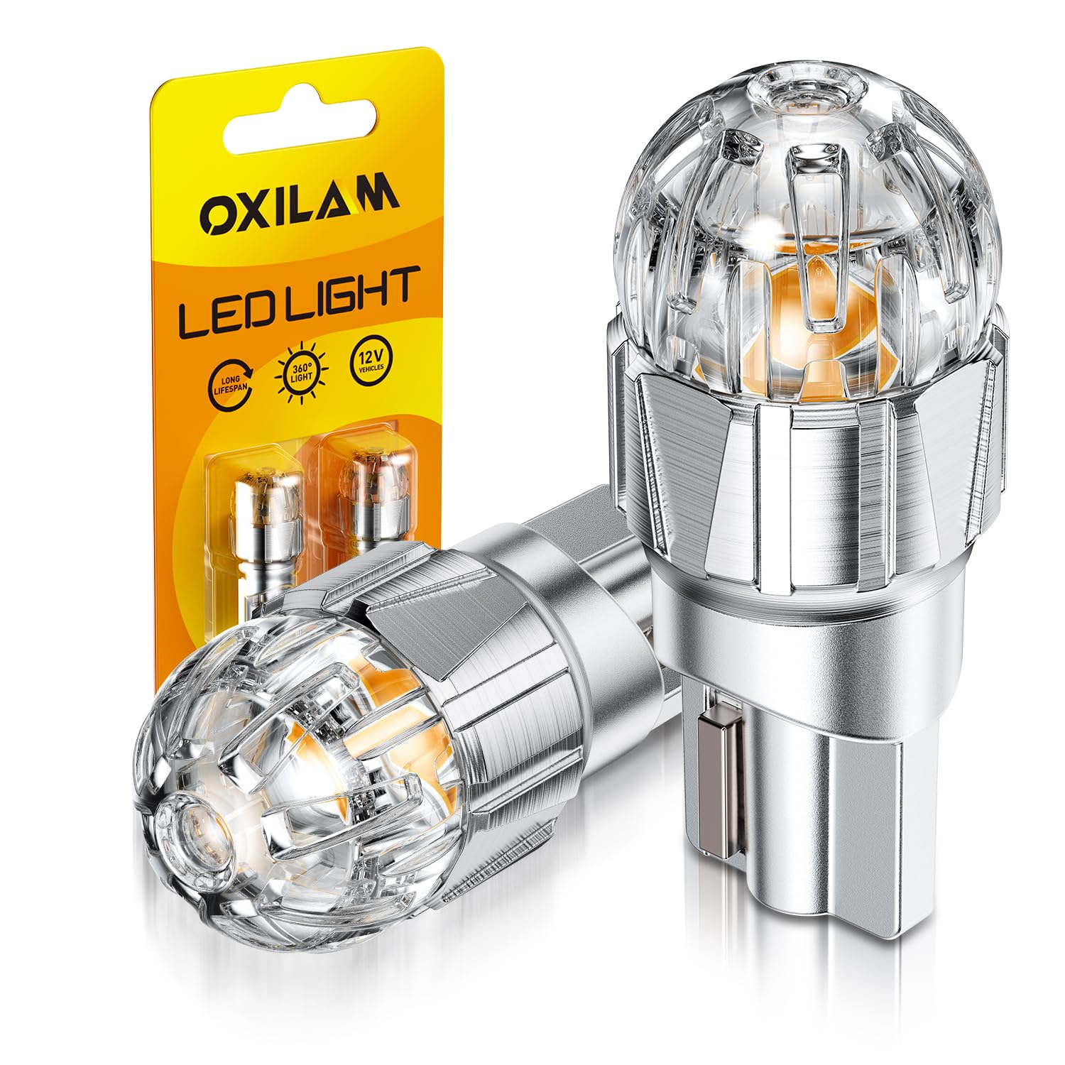 OXILAM 194 LED Bulb Amber Yellow, T10 168 2825 W5W LED Replacement, 700% Brighter Non-Polarity for License Plate Dome Map Door Courtesy Trunk &amp; Side Marker Lights, Pack of 2