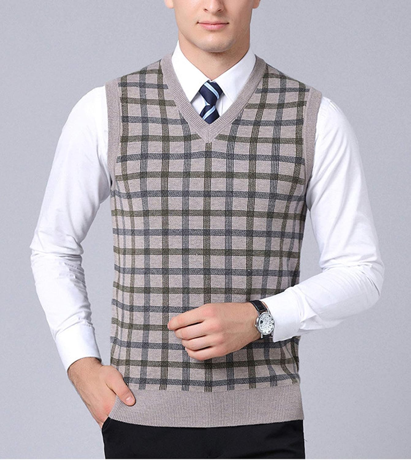 Flygo Men's Slim Fit Plaid Knitted V-Neck Sweater Vests Pullover