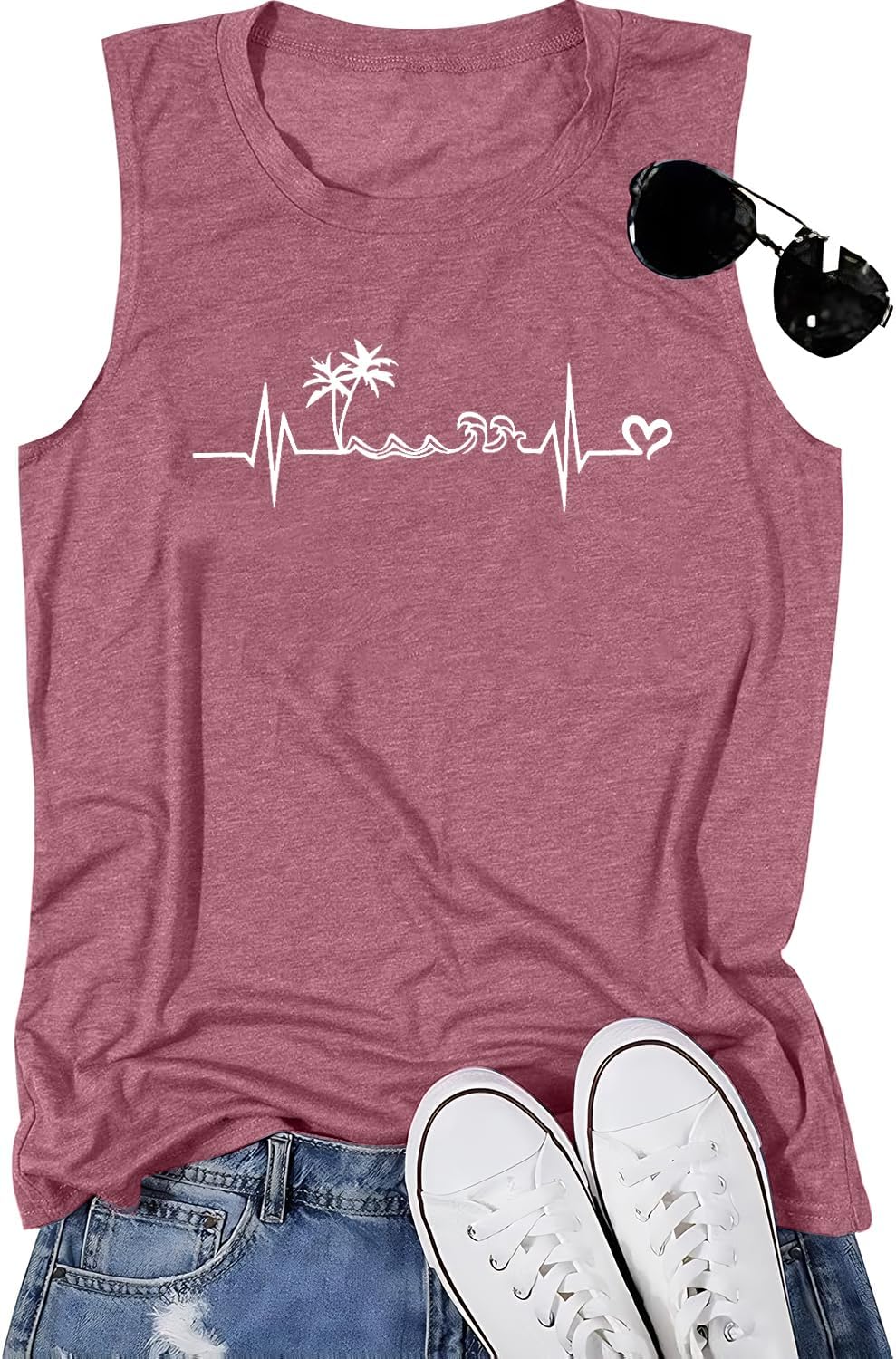 ALLTB Beach Tank Tops Women Beach Waves Sleeveless Shirt Hawaiian Ocean Vest Heartbeat Tank Summer Family Vacation Tanks