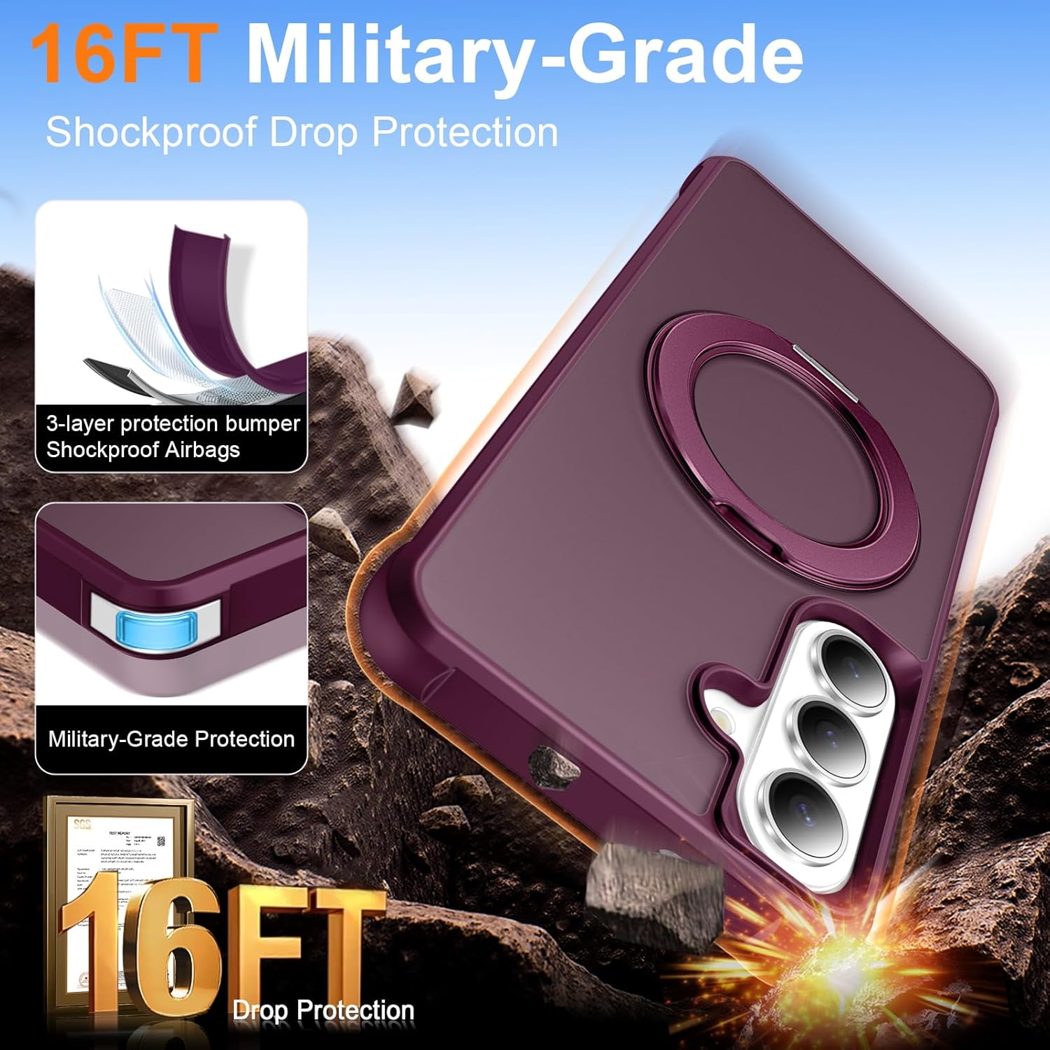 360° Magnetic Swivel Ring for Samsung S26 case, Built-in Metal Stand and Ring Holder, Magsafe Compatible, Military Grade Protection, Shock and Vibration Resistant - Wine Red