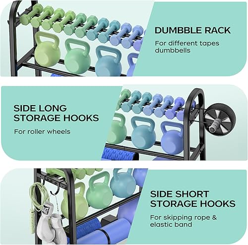 Miniatura 4 de 3 Tier Dumbble Rack - 360LB Capacity Adjustable Dumbbell Storage Rack Space-Saving Home Gym Weight Rack For Dumbbells And Kettlebells With Hooks