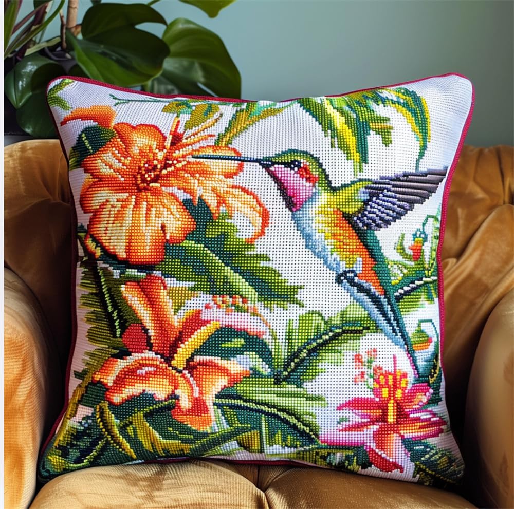 Kitphoenix Latch Hook Embroidery Kits Latch Hook Kit Humming Bird Sofa Cushion Cover 43Cmx43cm Diy Latch Hook Kits Yarn Kits Pillow Rug Pattern Arts And Crafts Crochet Needlework