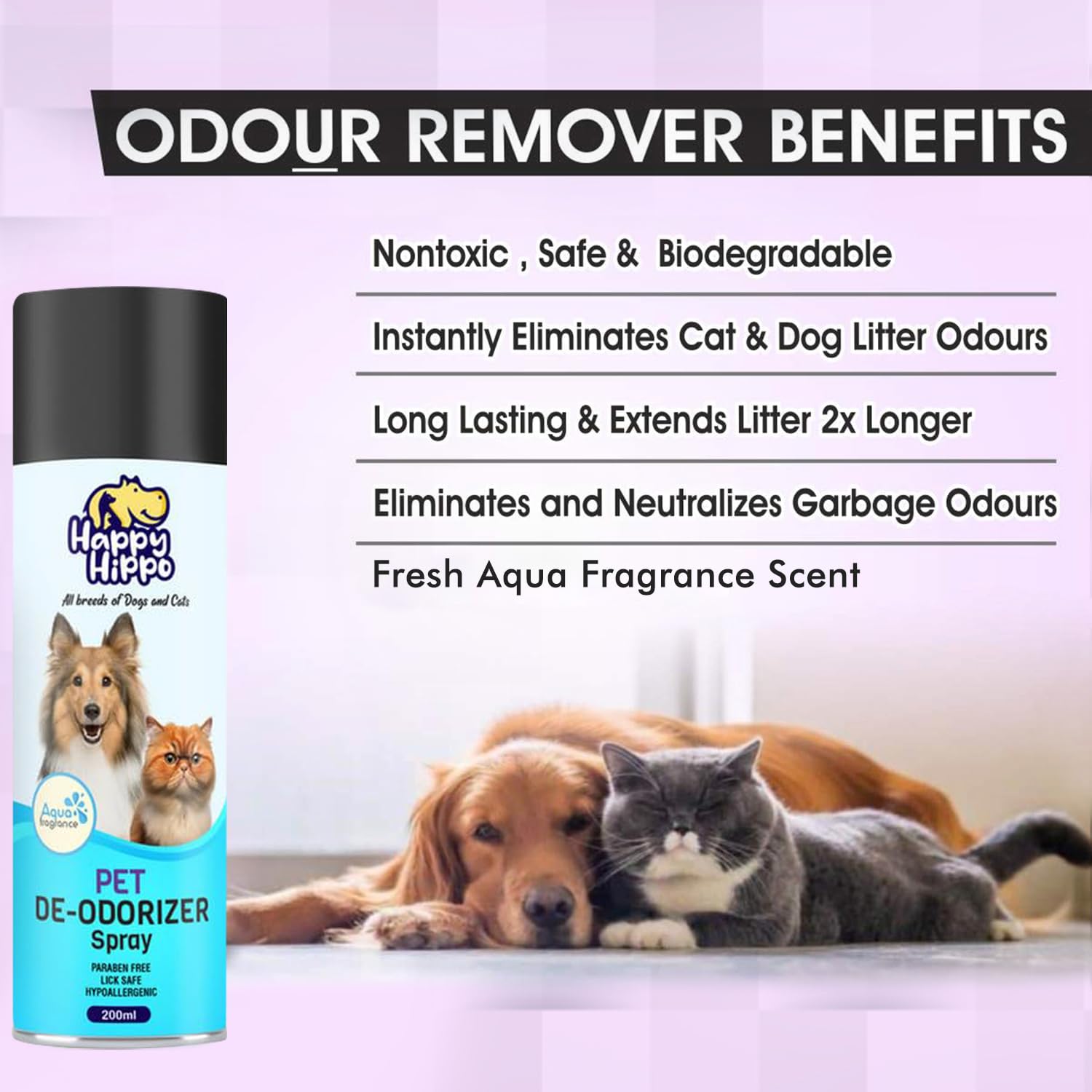 Happy Hippo Odour Remover Spray for Dogs & Cats - Dog Odour Remover Spray - Aqua Fragrance Harsh Chemical Free & Plant Based Formula - 200ml 1