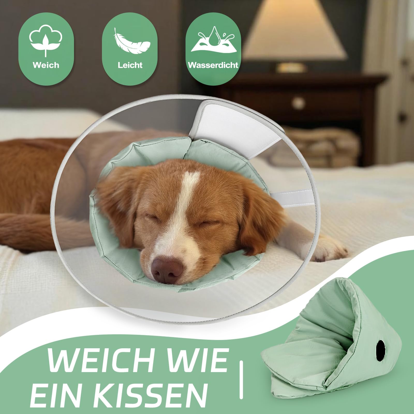 Supet Halskrause Hund nach Operation mit weichem Polster, transparente Genesungshalskrause für große, mittlere und kleine Hunde nach Kastration, bei Wunden & Hautpflege(Grün,L)
