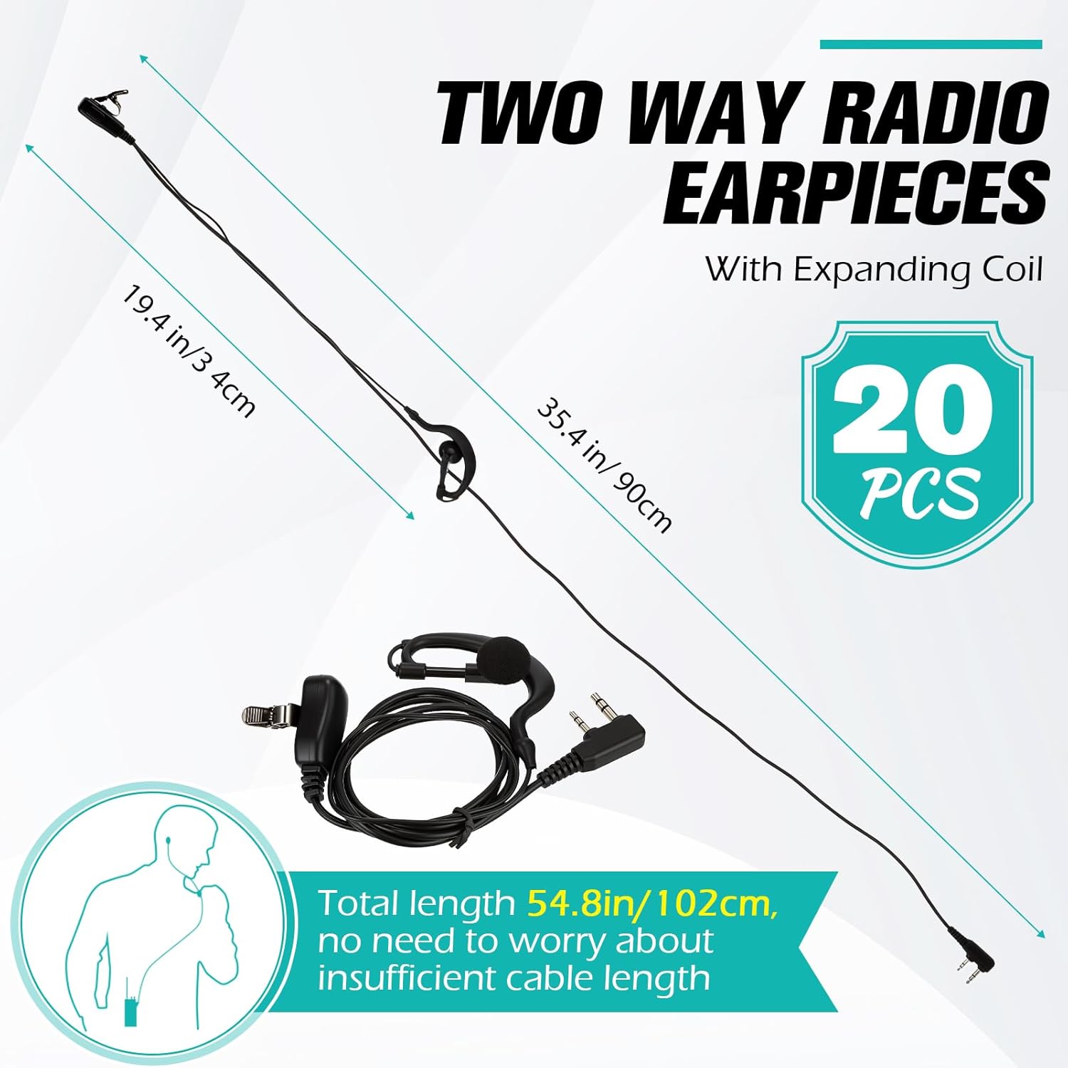 20 Pieces Walkie Talkie Earpiece with PTT Mic 2 Pin Two Way Radio Headset Microphone Ear Bud Bulk Single Wire Earhook Headphone Compatible with Baofeng BF-888S BF-T26