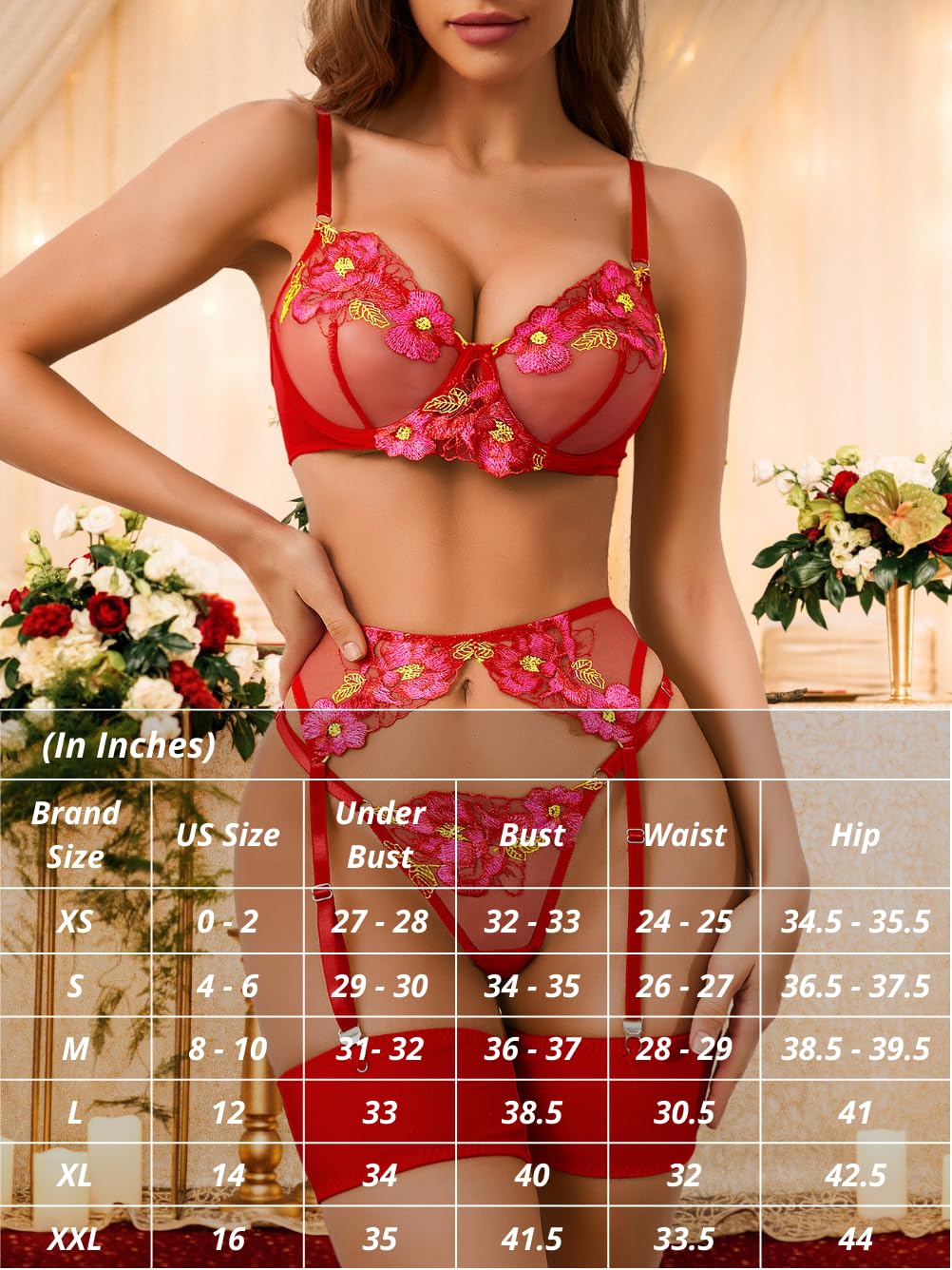 Kaei&Shi Floral Embroidered Garter Belt Set,Sheer Lingerie Sets for Women Sexy,Wedding Night Valentines Boudoir Outfits