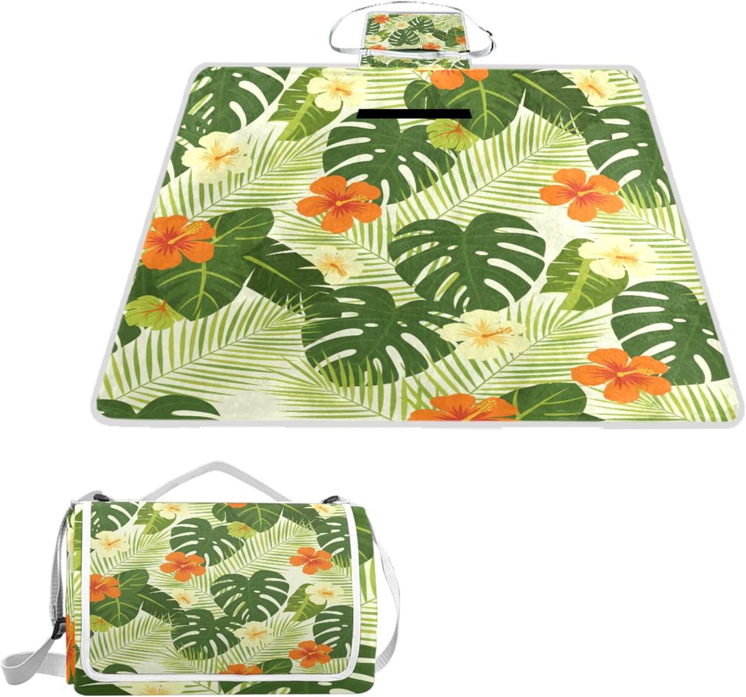 MNSRUU Picnic Blanket Waterproof Foldable, Palm Tree Green Leaves Large Outdoor Picnic Beach Camping Blanket Travel Mat, Shoulder Strap Tote, Rectangle 57x59in