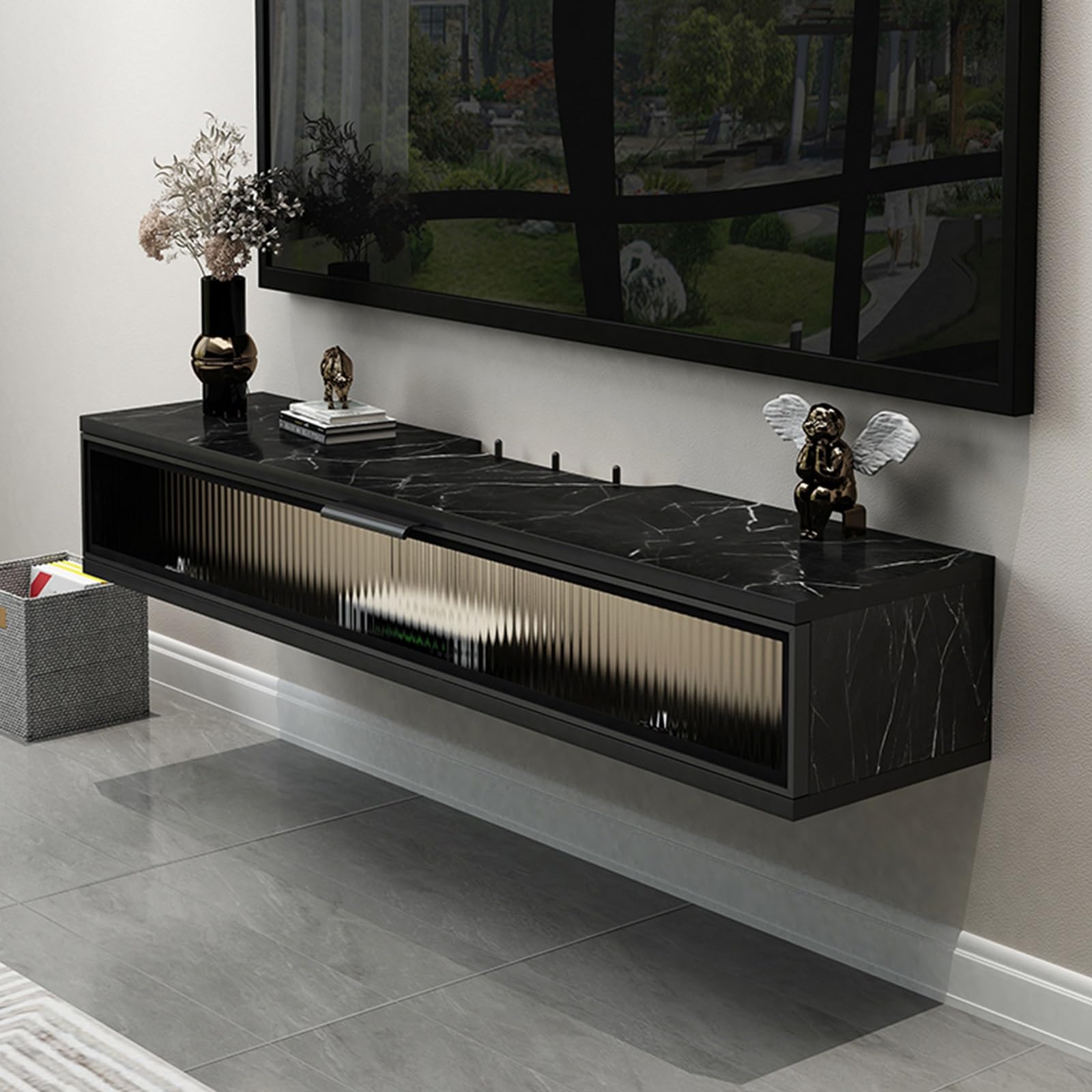 Meuble TV mural effet marbre avec tiroirs et rangements pour salon moderne