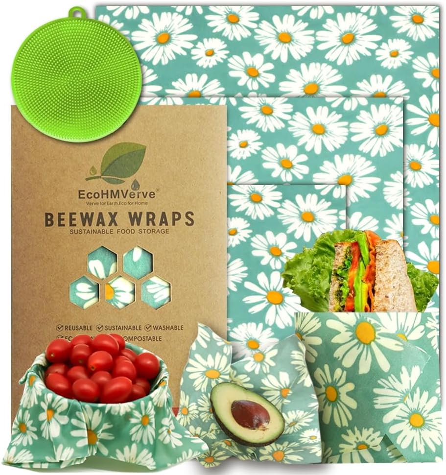 Beeswax Wraps for food 3-Pack, bee wraps reusable with Multi-function brush, Eco-Friendly to Wrap Fruits & Bread,sandwich Wraps (S,M,L) with Daisy Design
