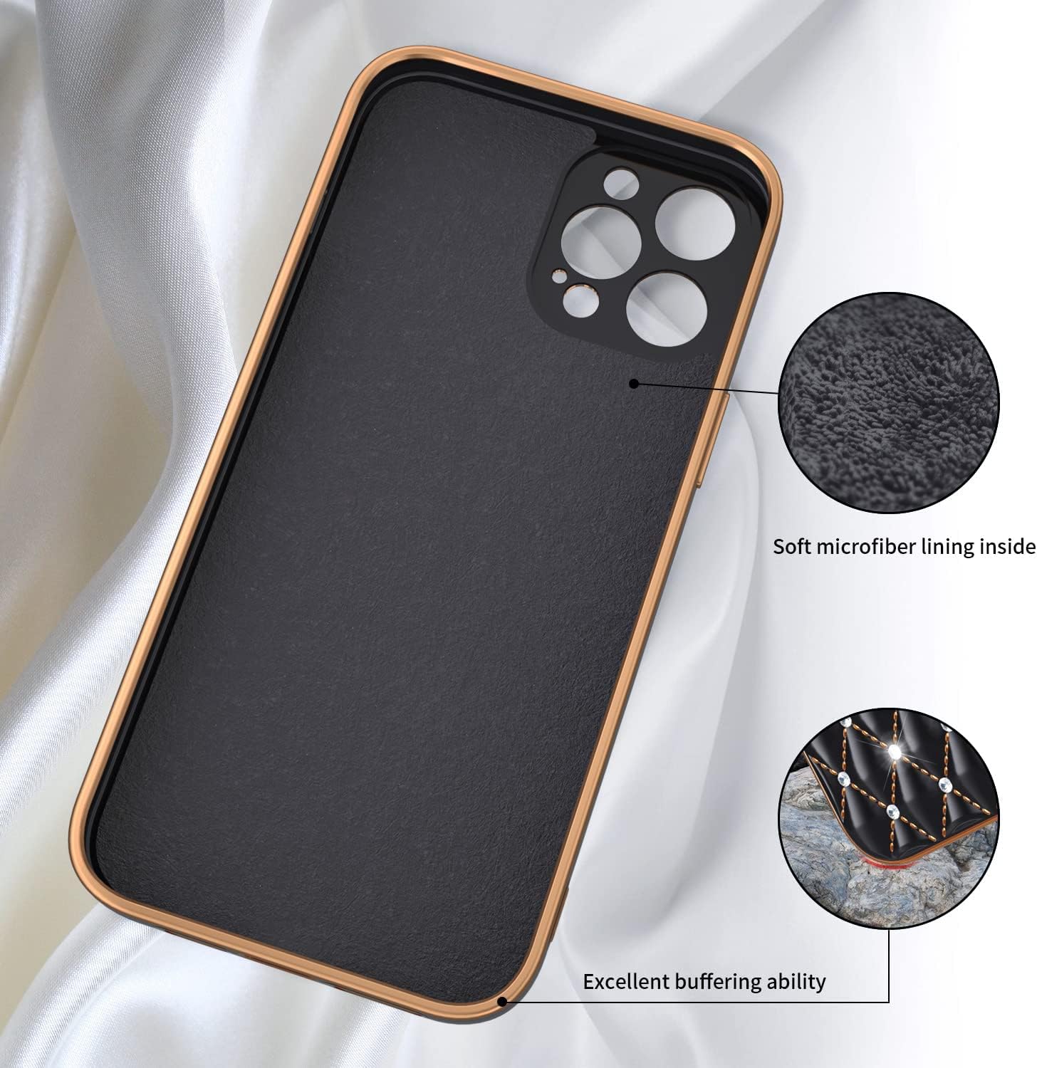 Anynve Compatible with iPhone 12 Pro Max Case, Glitter Sparkle Luxury Diamonds Design, Full Camera Lens Protection + Slim Soft Shockproof Bumper Gold Plating Edge Case [6.7 inch] -Black