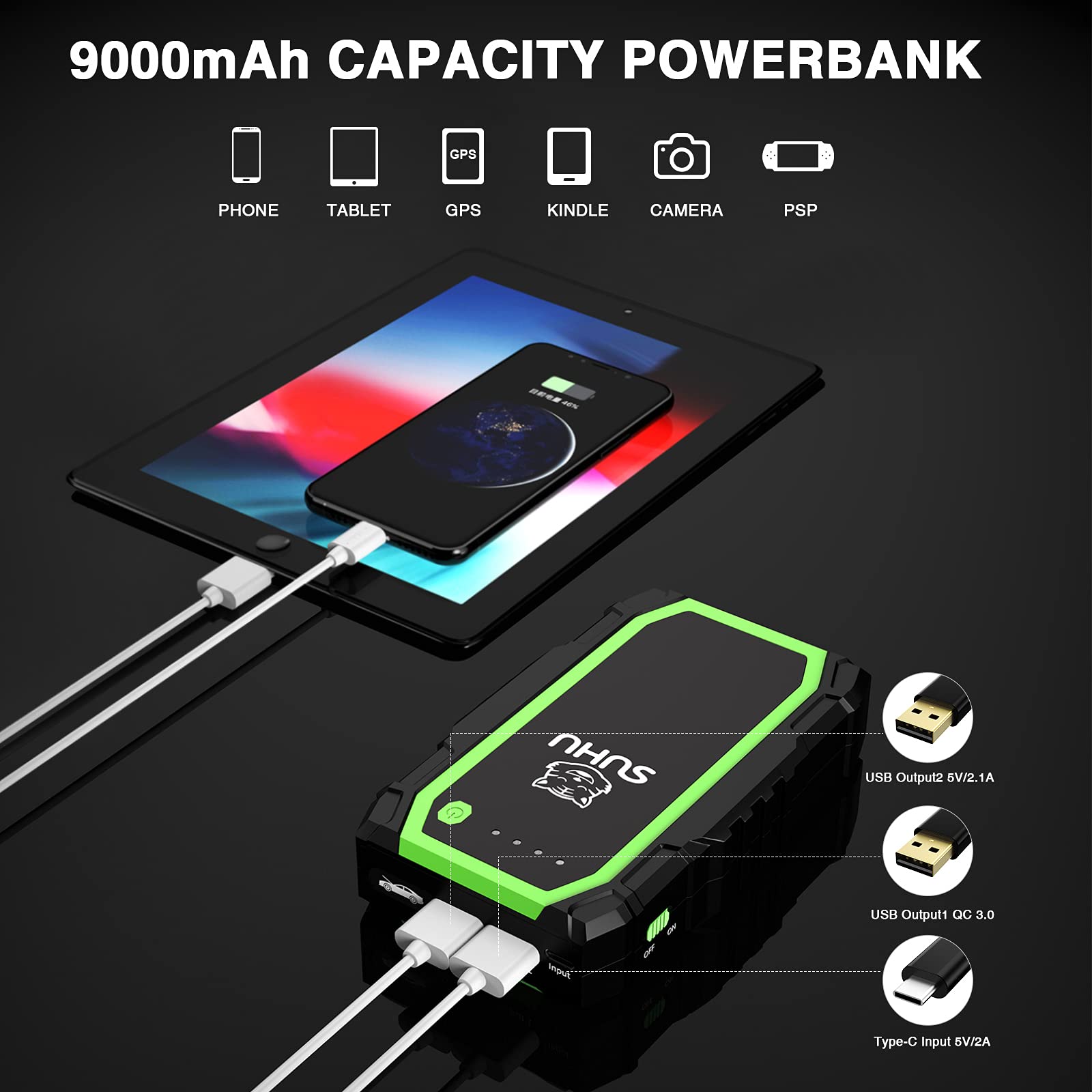 SUHU Battery Jump Starter, 1000A Peak 12V Portable Car Jump Starter (Up