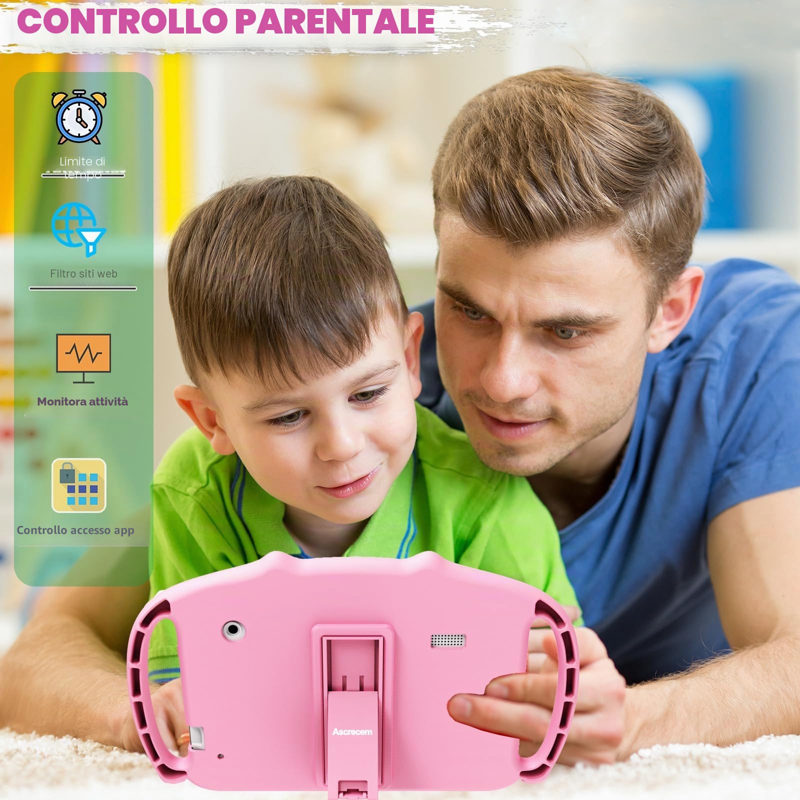 ascrecem Tablet 7 Pollici Android Tablet Bambini con WiFi Bluetooth Controllo Parentale Quad Core 2GB RAM 32GB ROM Giochi Educativi Preinstallati 3 a 14 anni Ragazza(Pink)