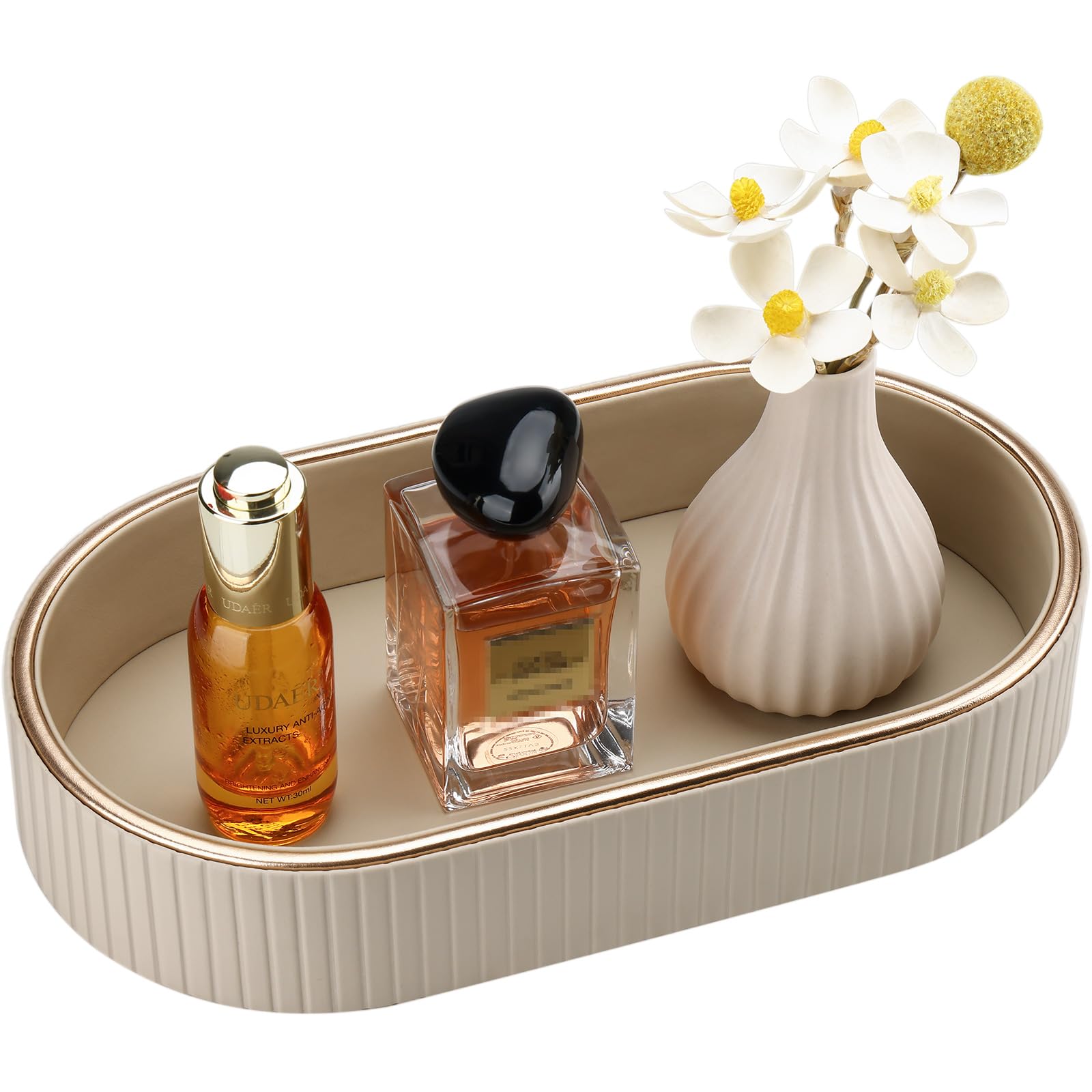 GORESE Vassoio da Bagno, Ovale Vassoio Decorativo in Pelle Vassoio Portaoggetti Vassoio per Profumi Svuotatasche Vassoio da Portata per Bagno,Cucina,Tavolo,Soggiorno,Camera da Letto(Beige)