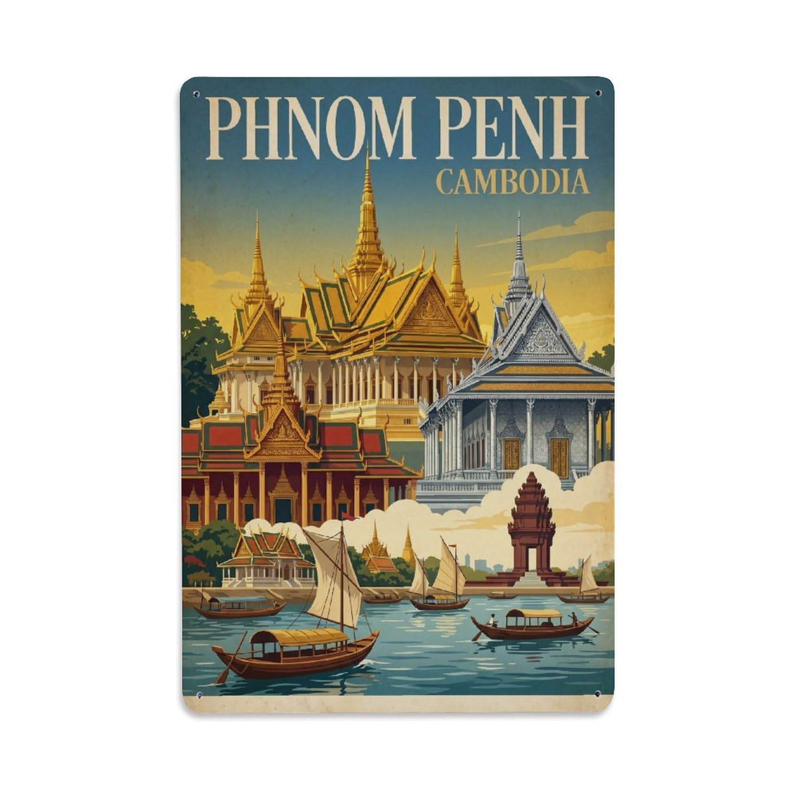 Metal Tin Sign Vintage Travel Cambodia Phnom Penh