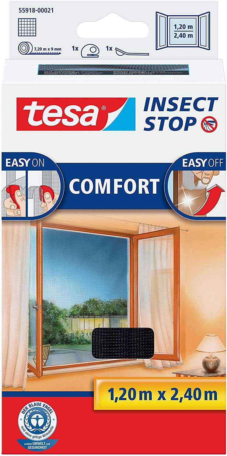 tesa Insect Stop Comfort Lot de 2 moustiquaires, autocollantes, sans perçage, pour fenêtre au sol, anthracite, transparent, 120 x 240 cm